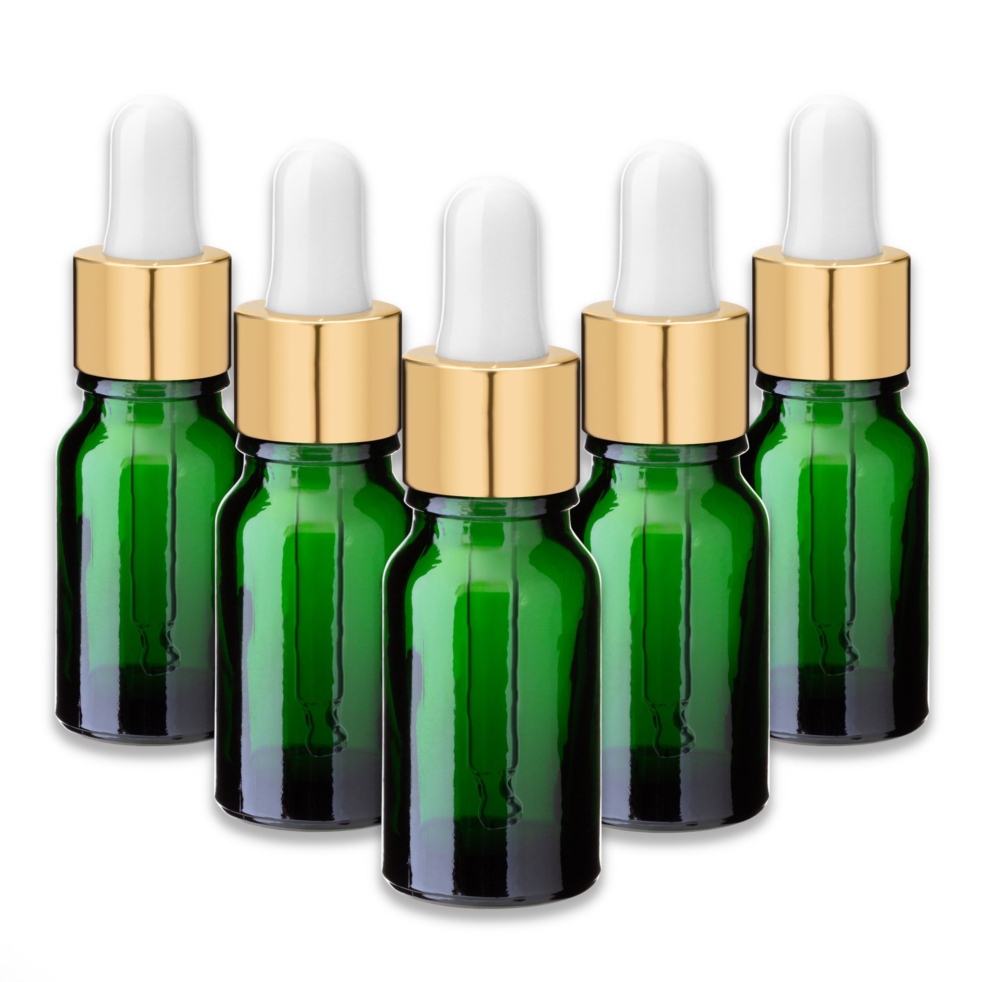 CK Verpackung GmbH Pipettenflasche 5x Grüne Glasflasche 10 ml mit goldener Aluminiumpipette – Fläschchen (Set x5)