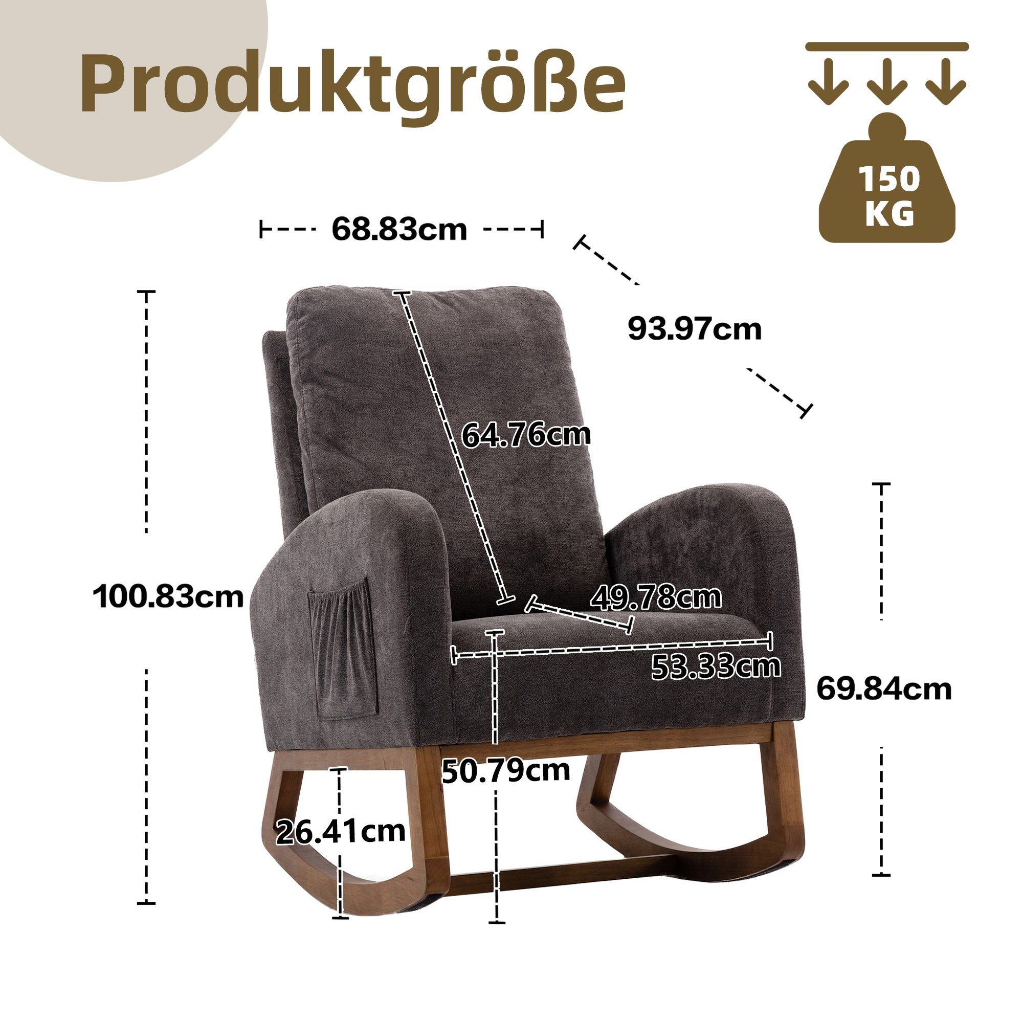 OKWISH Polsterstuhl Schaukelstuhl Wohnzimmerstuhl und Rückenlehne), hoher Sessel Schaukelstuhl grau Baby- Kindergepolsterter (mit Relax Stuhl Seitentaschen, mit