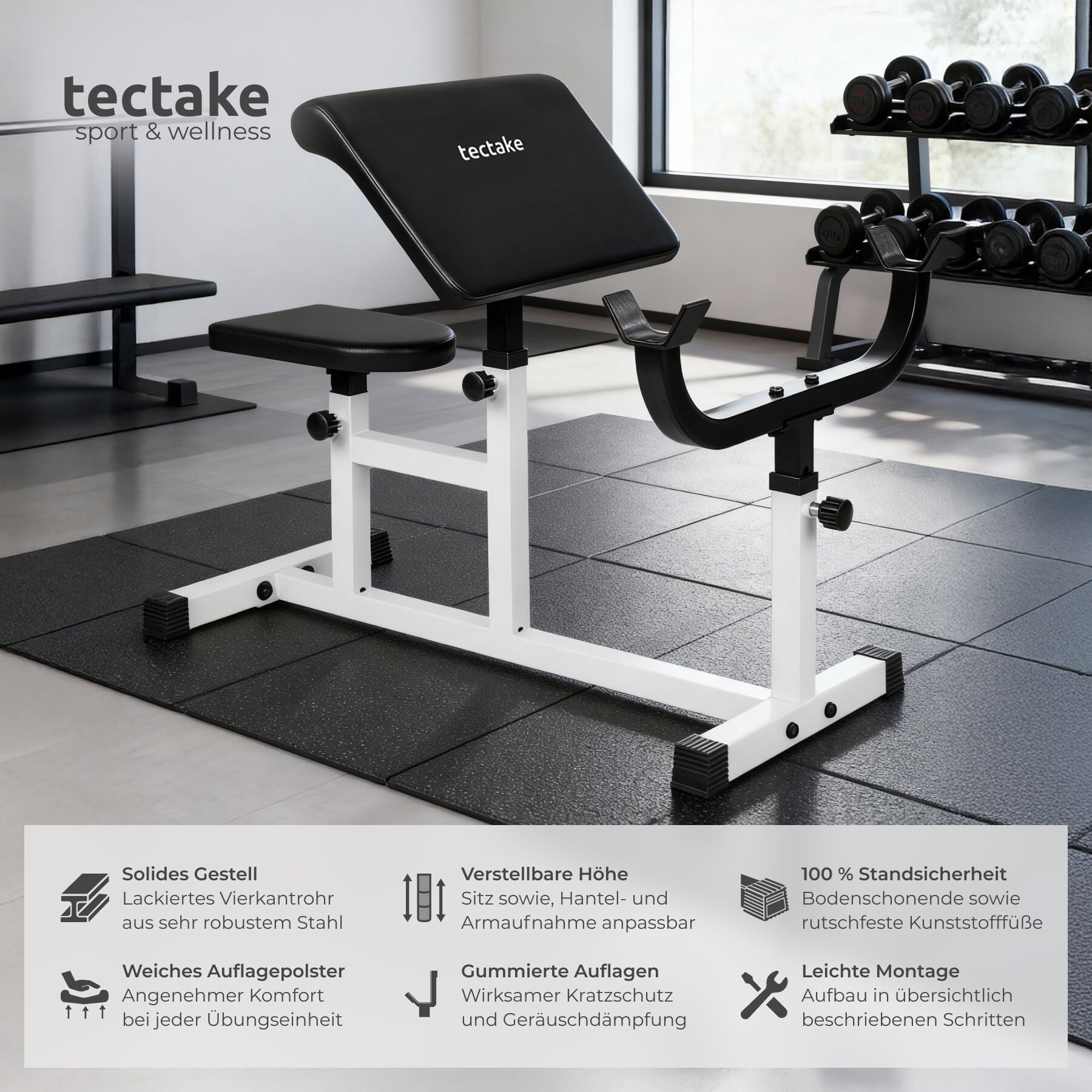 tectake Hantelbank Fitnessbank, rutschfest, 98 x 65 x 94 cm, Hantelgewicht bis 80 kg, (Trainingsbank, in schwarz/weiß), Sitz 5-fach höhenverstellbar, gepolstert mit Kunstlederbezug