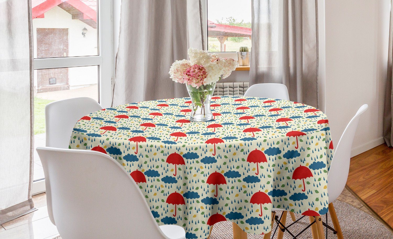 Regen Tischdecke Tischdecke Dekoration, Abakuhaus für Abdeckung Kreis Esszimmer Herbst Regenschirme Küche Childish Tropfen