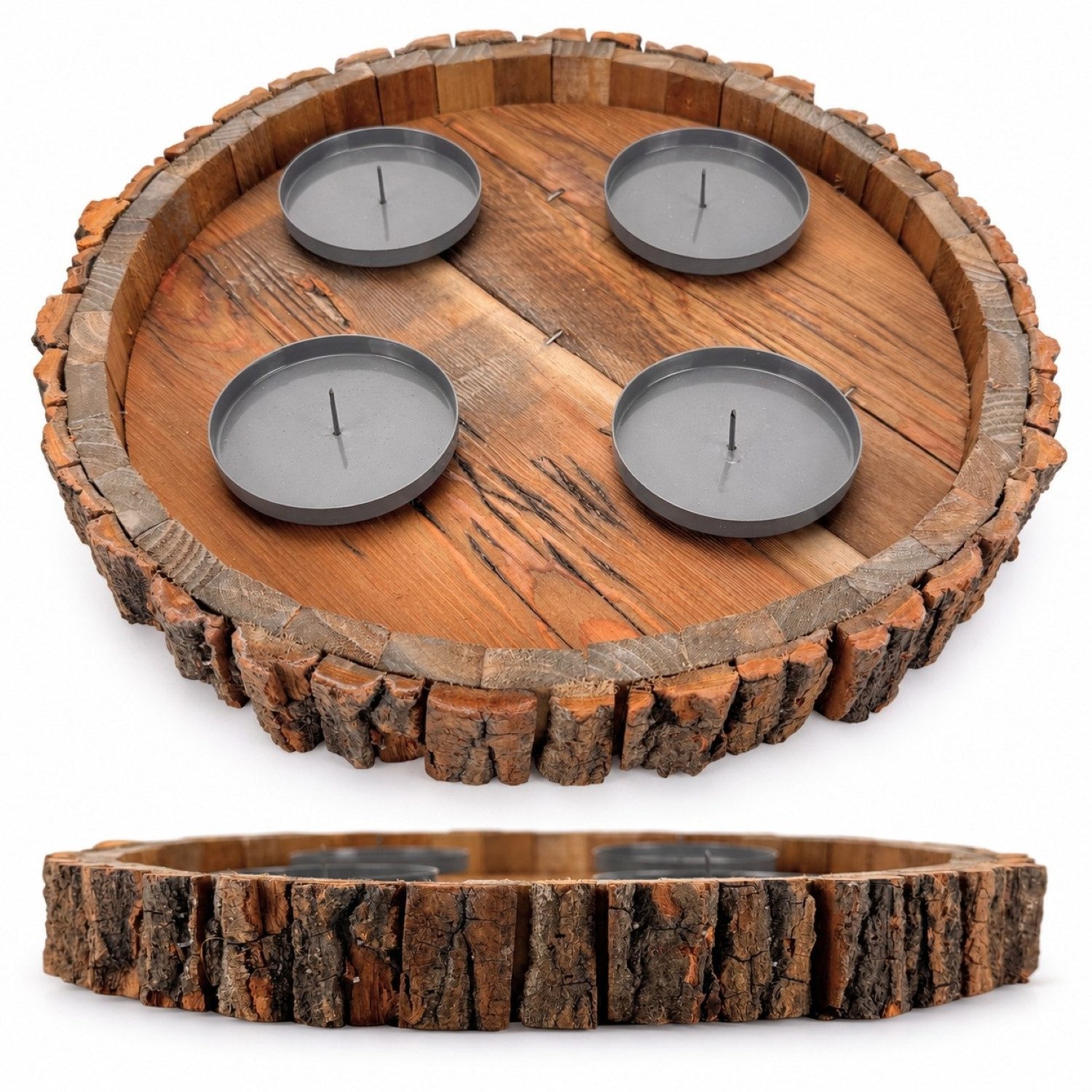 Online-Fuchs Adventskranz rund aus Holz mit Kerzenhalter aus Metall und Dorn für Stumpenkerzen, der Innenraum bietet viel Platz für kreative Gestaltungsideen