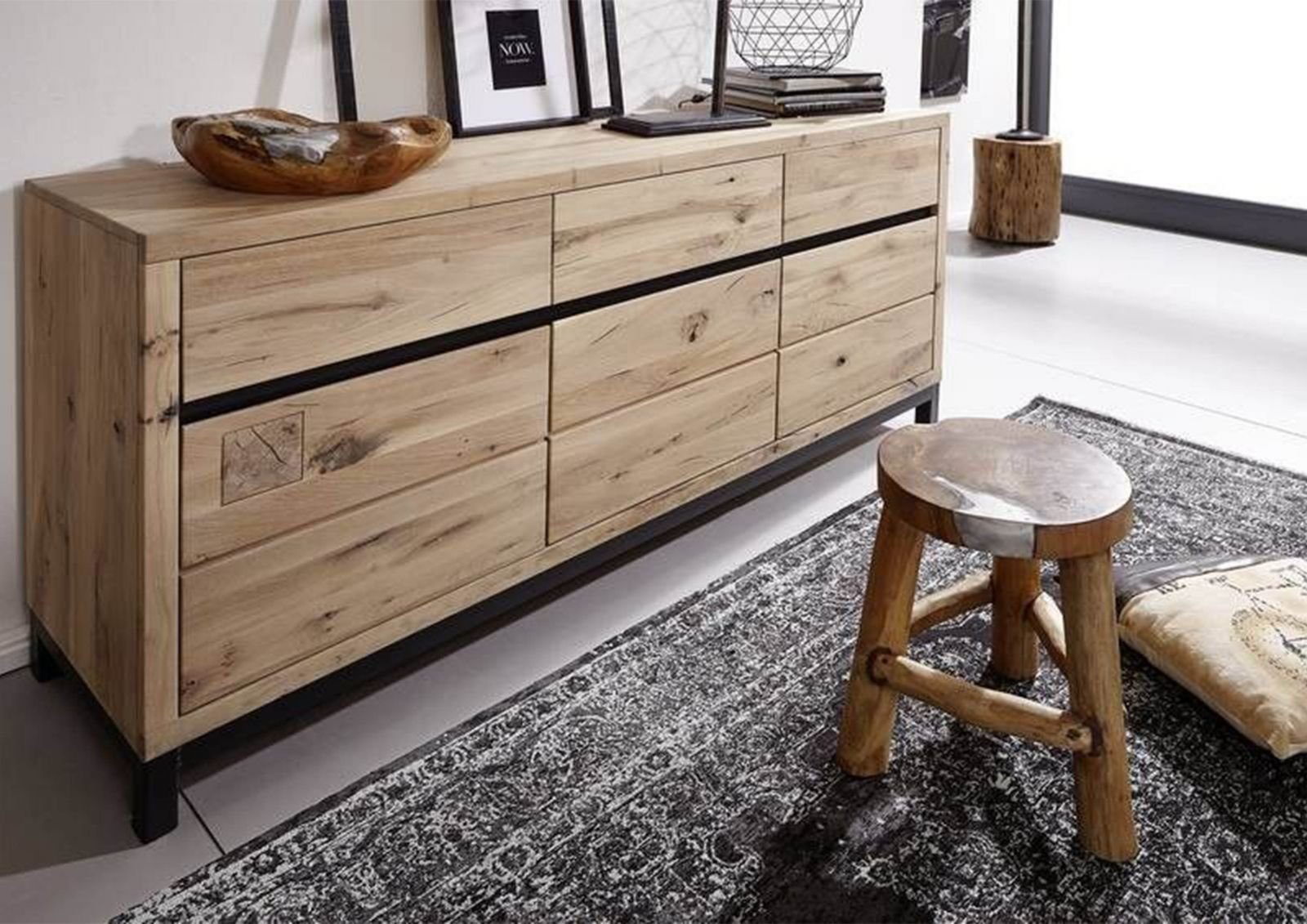 Massivmoebel24 Sideboard VILLANDERS (Massivholz), Sideboard Wildeiche 175x45x85 bianco geölt VILLANDERS #208