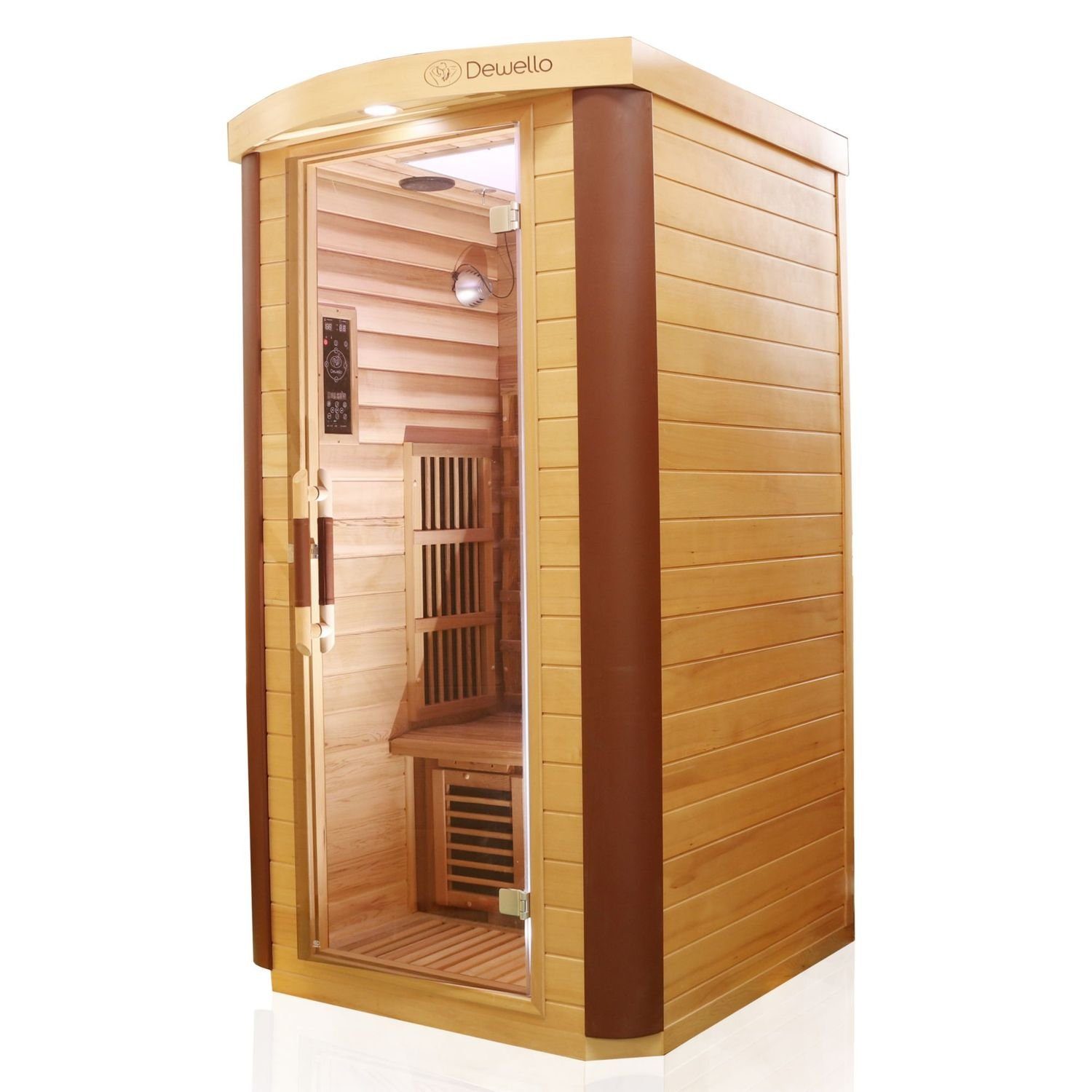 Dewello Infrarotkabine TORONTO 102 Wärmekabine, für bis zu 1 Personen, 3 Vollspektrumstrahler, BxTxH: 102 x 102 x 190 cm, (Farblichttherapie, Ionisator mit Ozondesinfektion und Aromatherapie, Multimedia und zusätzlich USB-Anschluss & Bluetooth möglich) Sauna aus Hemlock / Zeder, leichter Aufbau dank Stecksystem