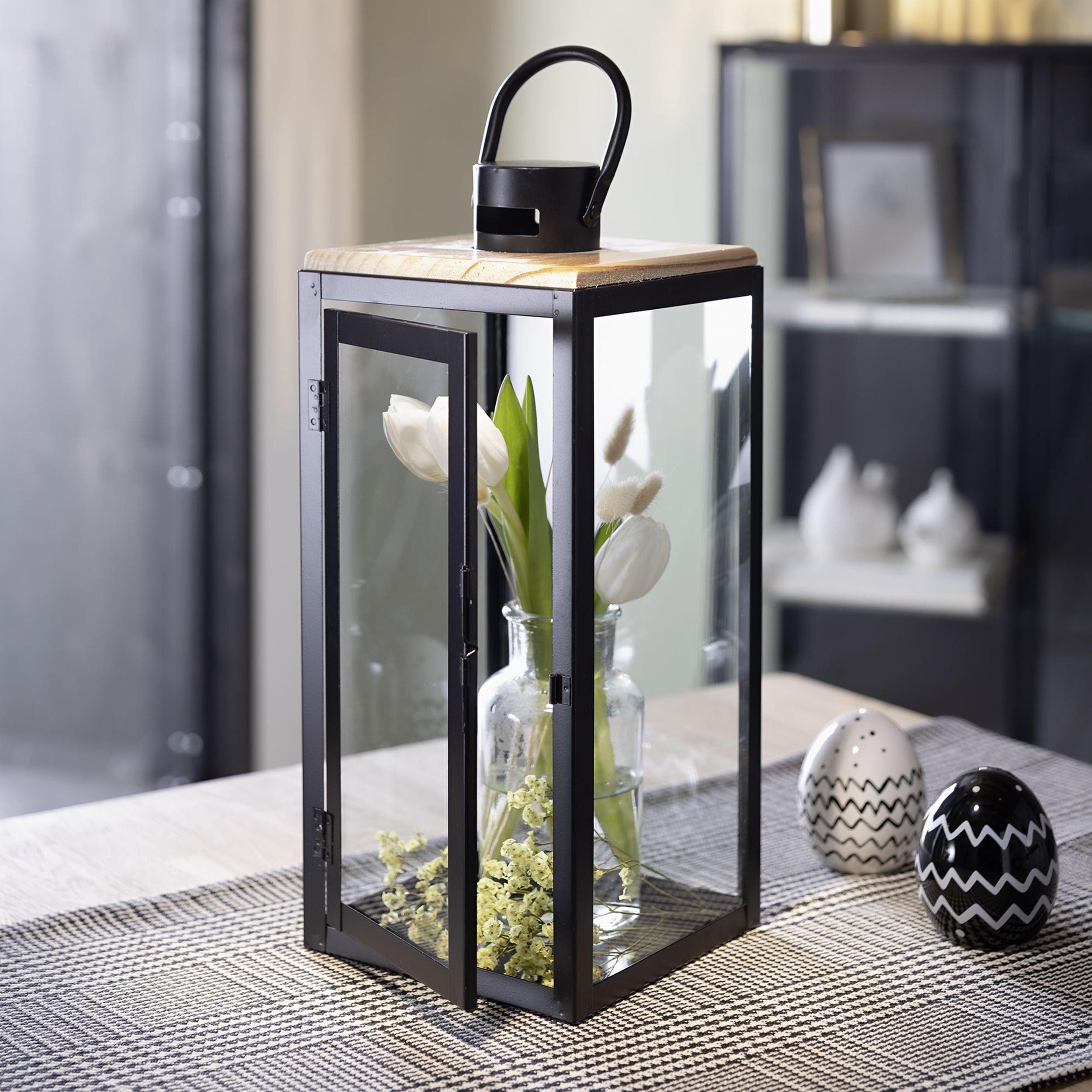 Windlicht Laterne Modern Metall, Holz & Glas 38cm – Windlicht