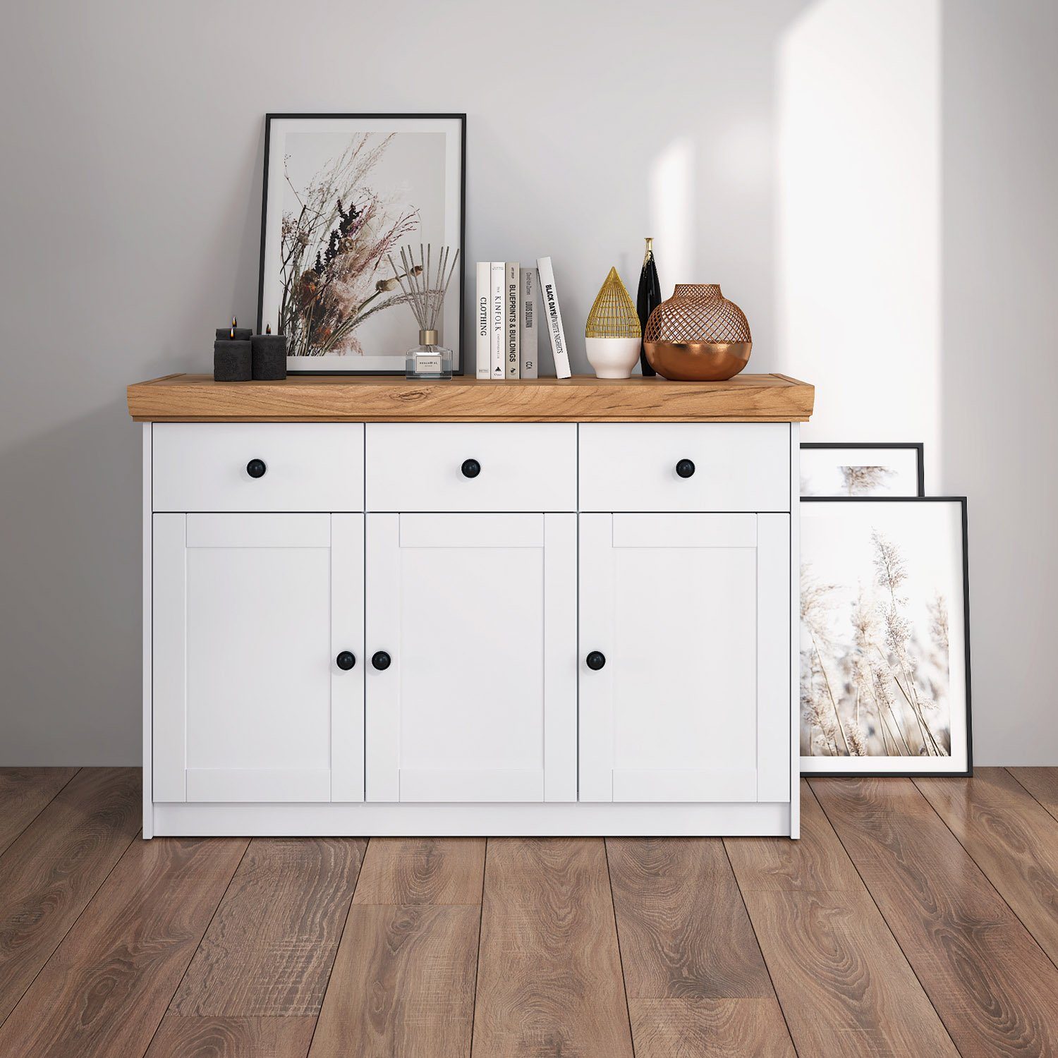 Homestyle4u Kommode Sideboard Weiß Eiche Anrichte Schrank Landhausstil