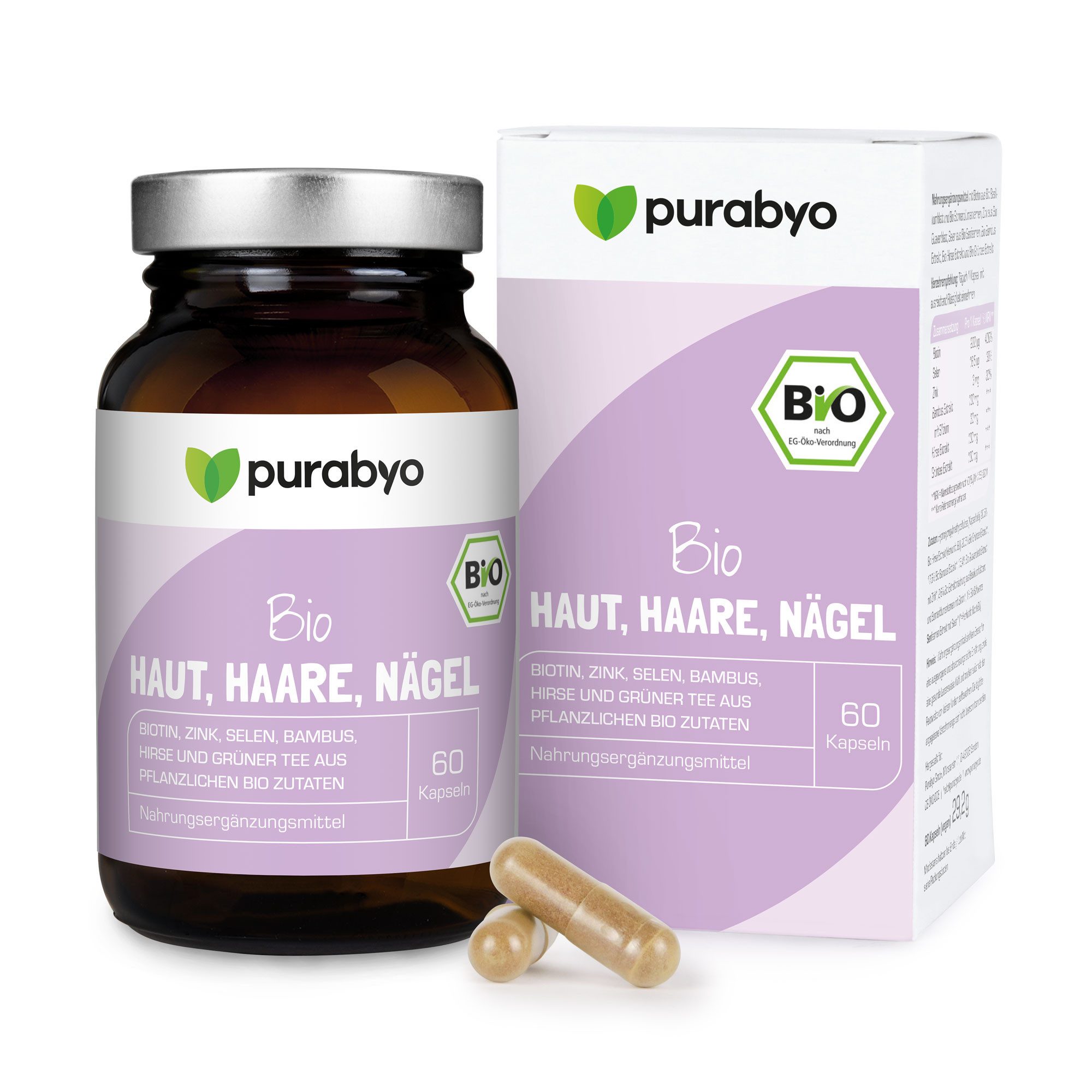 Purabyo BIO Biotin Haut, Haare, Nägel, Selen und Zink, Pflanzenstoffe, im Glas Kapseln, 1 er 60,00 St., 29 g