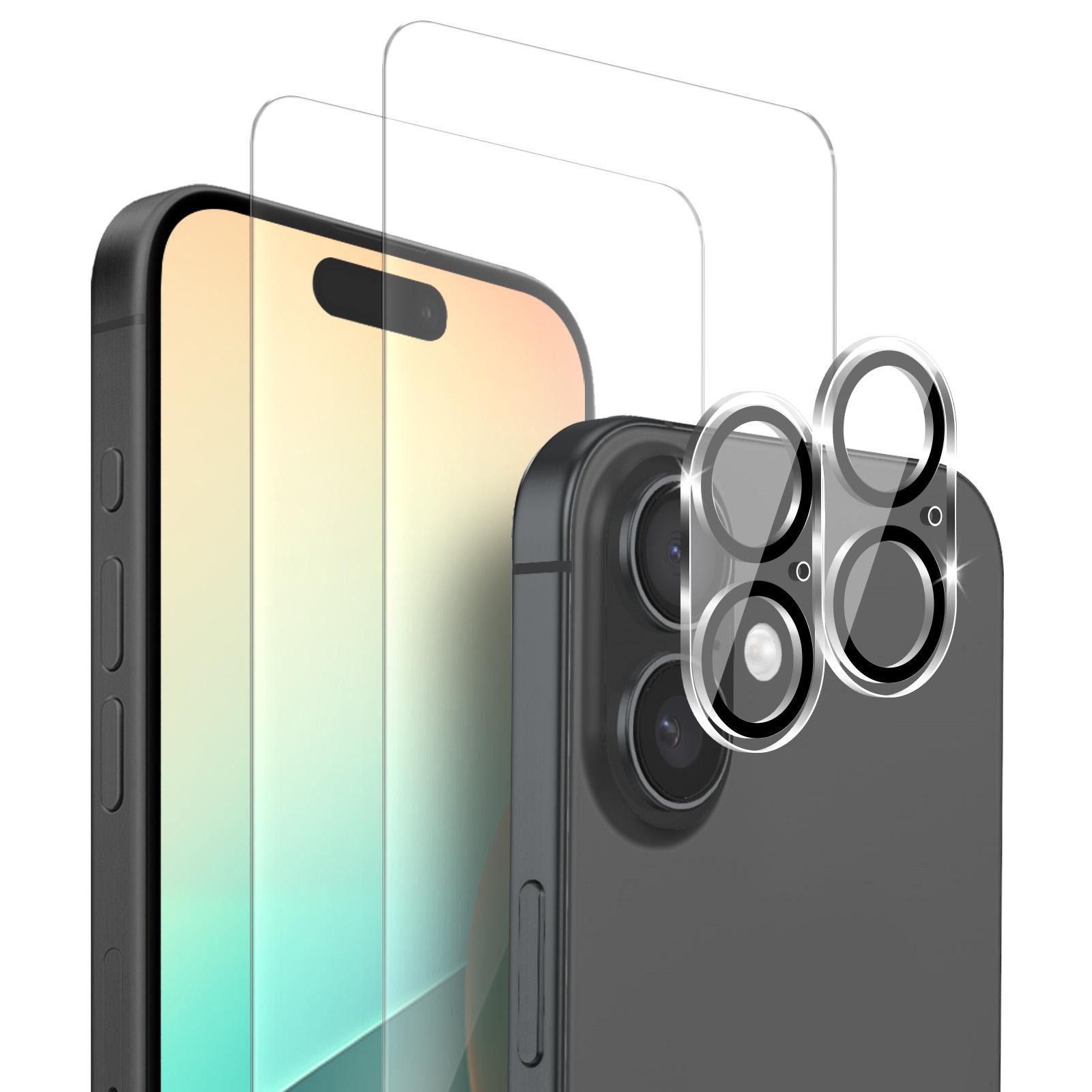 Tec-Expert Displayschutzglas 2x 9H Kamera und Displayglas für Apple iPhone 16 für Apple iPhone 16, Kamera + Display Schutzglas, 4 Stück, Kameraschutz, Displayschutz, Schutzglas, kratz- & stoßfest