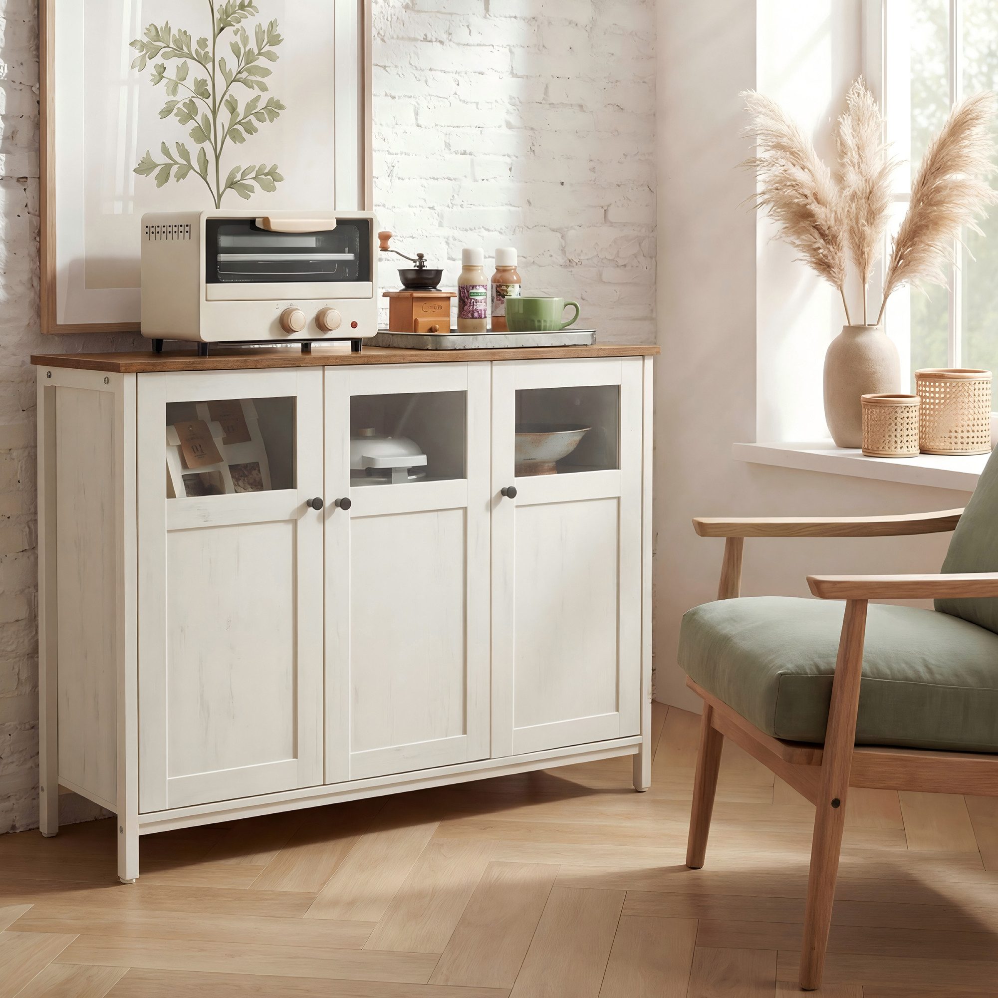 VASAGLE Sideboard Küchenschrank (Aufbewahrungsschrank, Stahlrahmen, Industrie, für Wohnzimmer, Küche, Esszimmer), 100 x 35 x 75 cm, verstellbaren Ablage, mit Glastüren