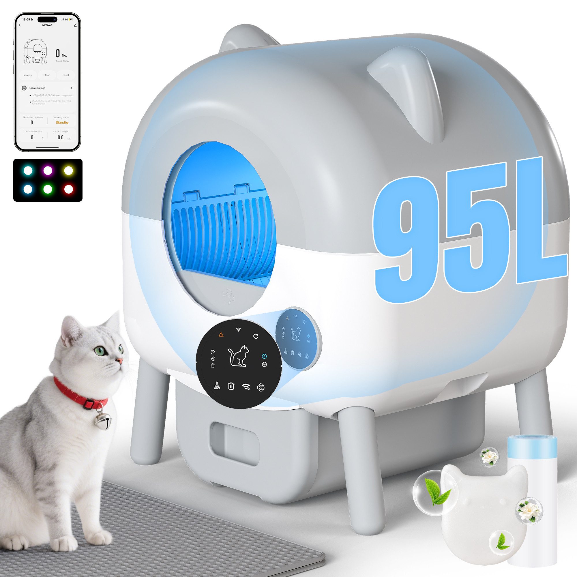 HOMALL Katzentoilette 95L+15L Katzenklo Selbstreinigend, Tastatursteuerung, Statusanzeige, 20 Tage autonom,4-fache Geruchskontrolle – für große Katzen