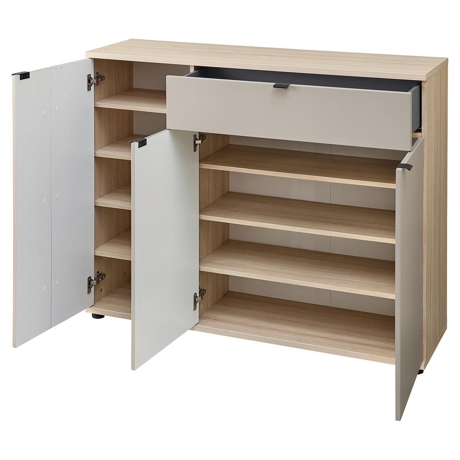 Innostyle Schuhschrank PISA, Basaltfarben, Riva Eiche Dekor, 3 Türen, 1 Schublade, Soft-Close-Funktion, B 133 x H 103 x T 38 cm