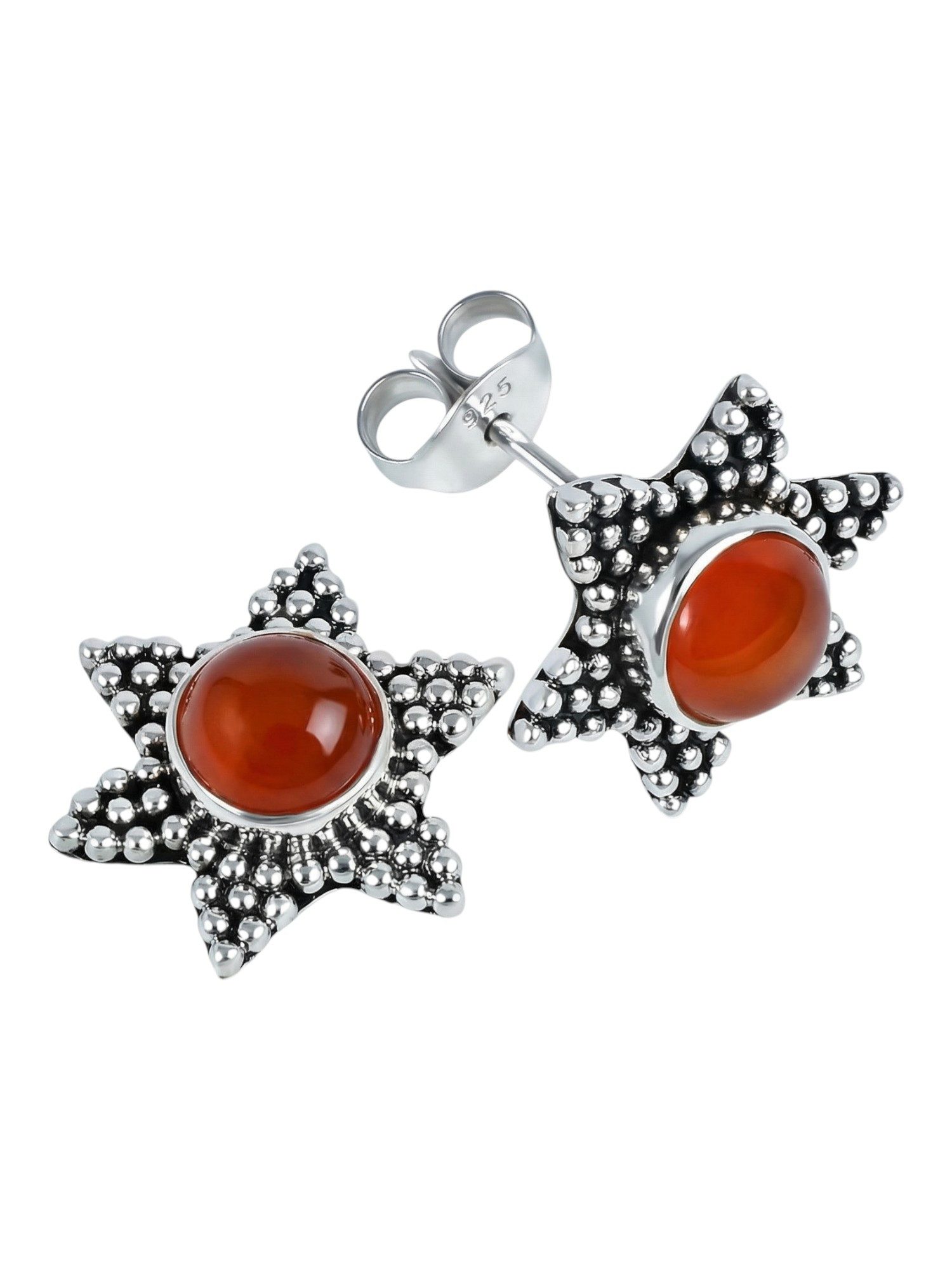 mantraroma Paar Ohrstecker STAR aus 925 Silber mit Karneol (Paar, Paar Ohrringe mit Schmuckbeutel), 925 Sterling Silber Ohrringe für Damen