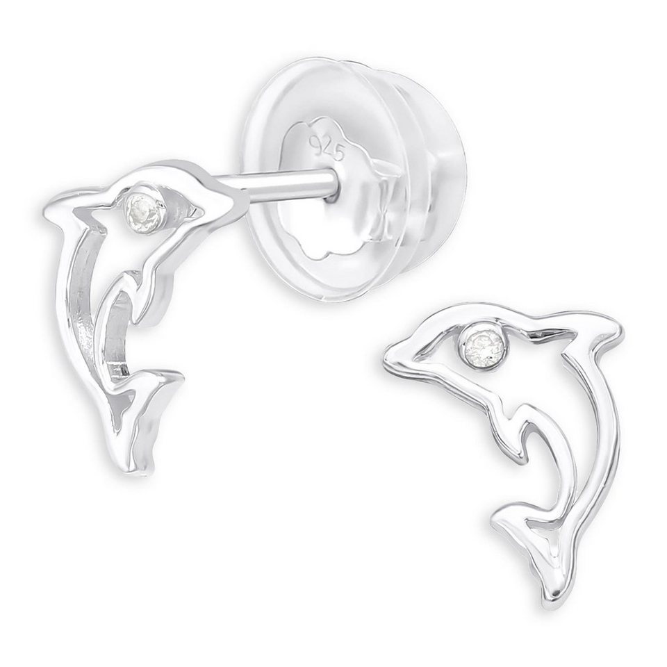 Monkimau Paar Ohrstecker Delfin Kinder Ohrringe aus 925 Silber (Packung),  mit Kristallen, Niedliche Delfin Kinder Ohrringe