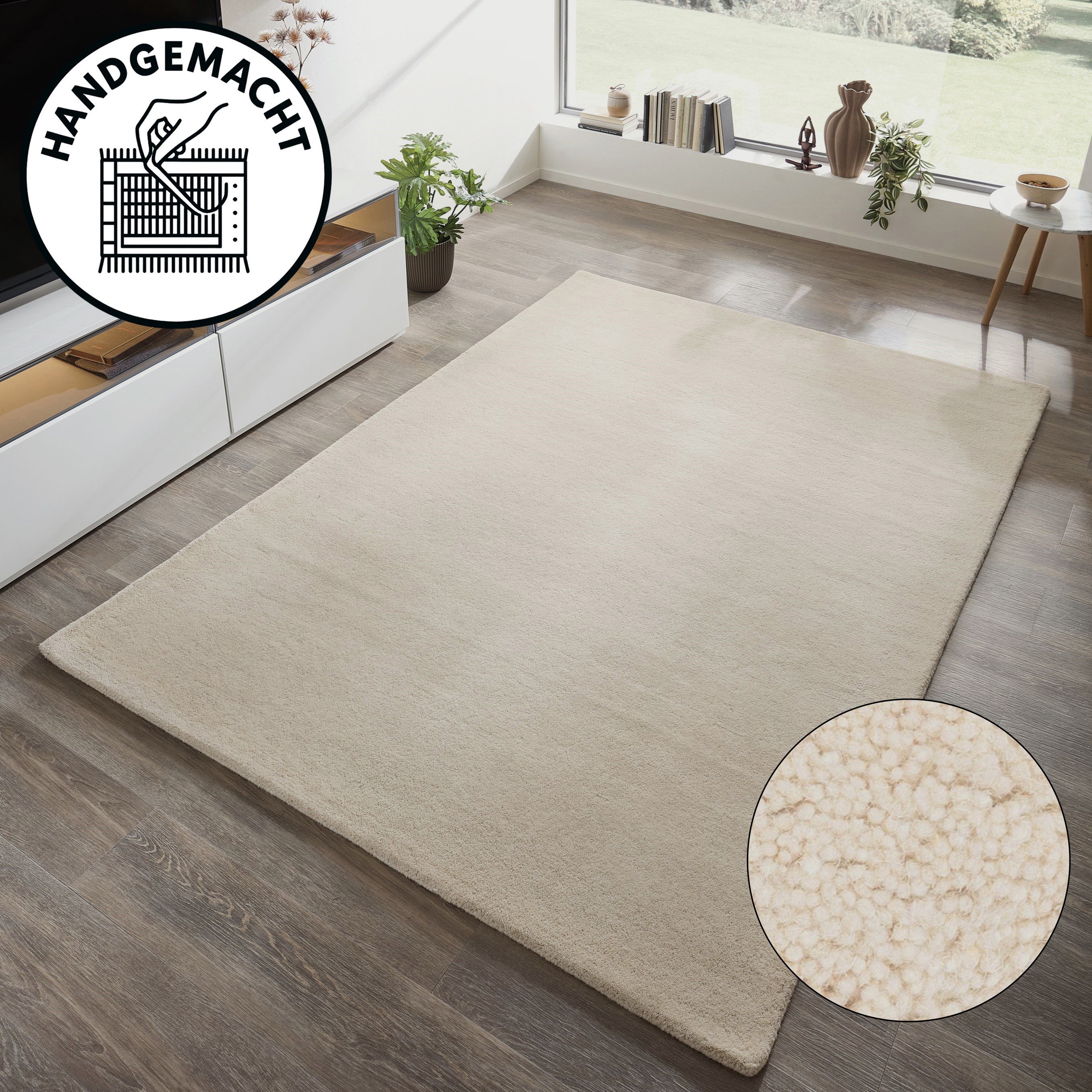 OTTO home Wollteppich Gabbo Natur, Handgefertigt, Teppich, reine Wolle, meliert, rechteckig, Höhe: 14 mm, reine Wolle, Uni, Wohnzimmer, Schlafzimmer, Esszimmer