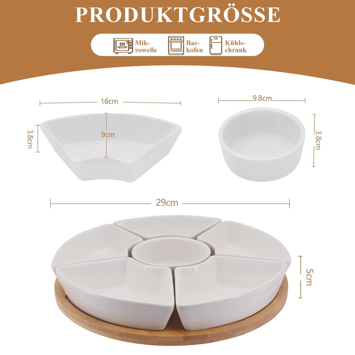 SURFOU Snackschale Snack Platte Snacktablett Drehbares Dip-Set Snack-Teller, (mit 6 Schalen aus Porzellan und Servierbrett aus Bambus-Holz), Serviertablett für Snacks Salate, Knabereien, Dips, Tapas