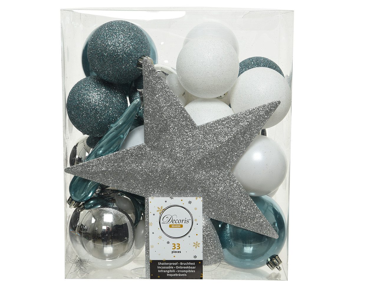 Kaemingk Weihnachtsbaumkugel, Weihnachtskugeln mit Christbaumstern Kunststoff 33er Set - Blau / Weiß
