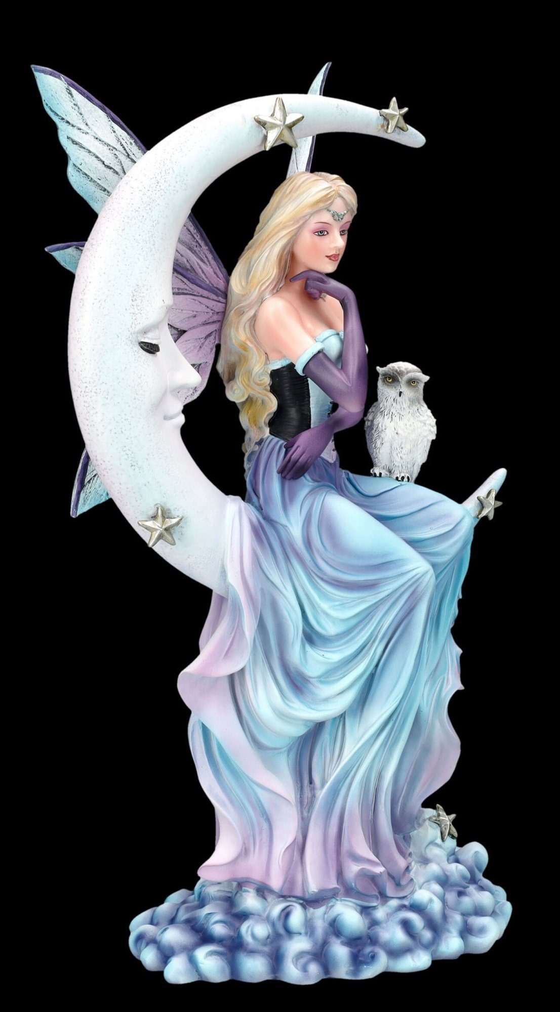 Figuren Shop GmbH Fantasy-Figur Elfenfigur - Wächterin der Träume auf Mond - Feefigur Dekoration Eule