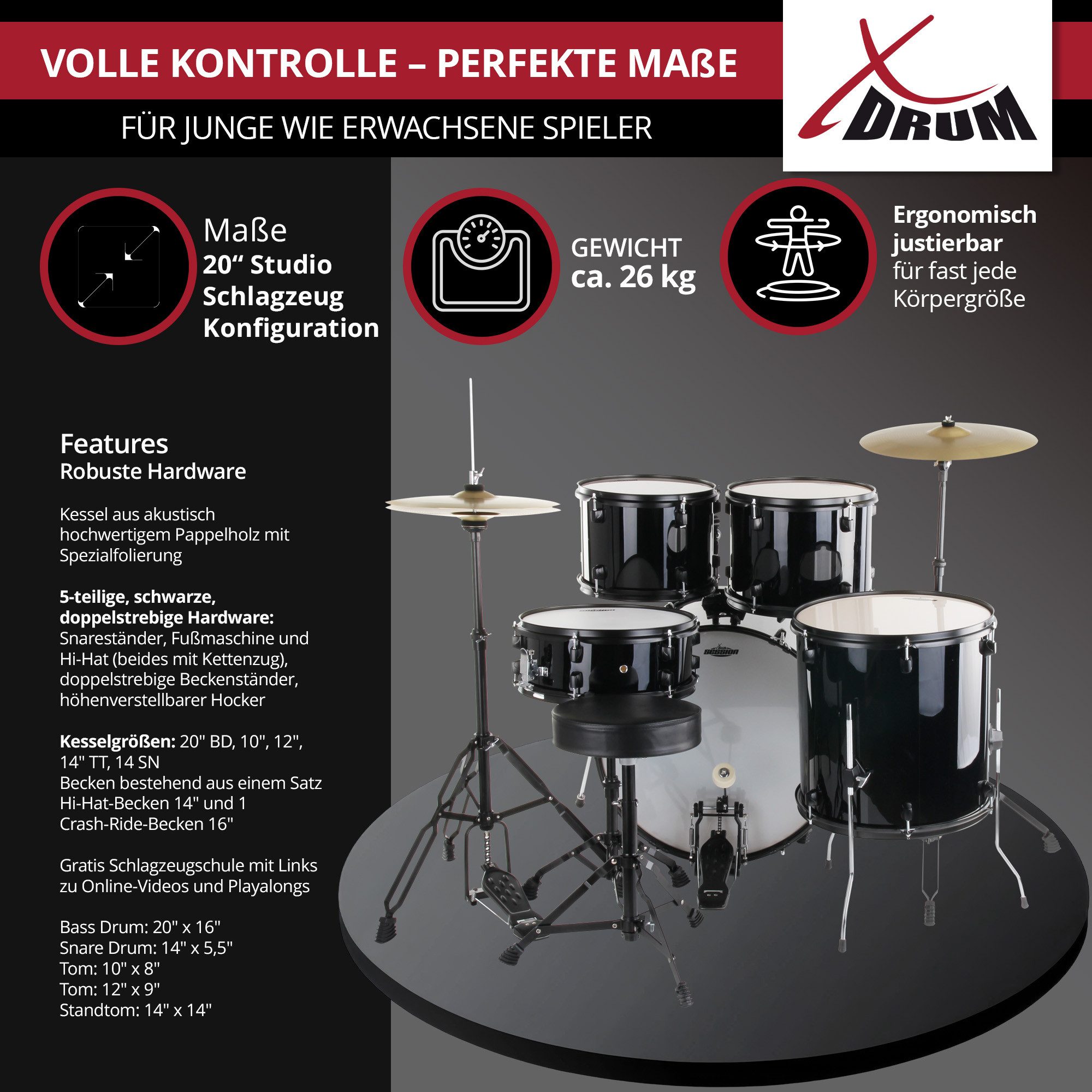 XDrum Schlagzeug Rookie 20" Studio,Komplettes Drumset, inkl. Hocker & Drumsticks, Kesselgrößen: 20" BD, 10", 12", 14" TT, 14 SN