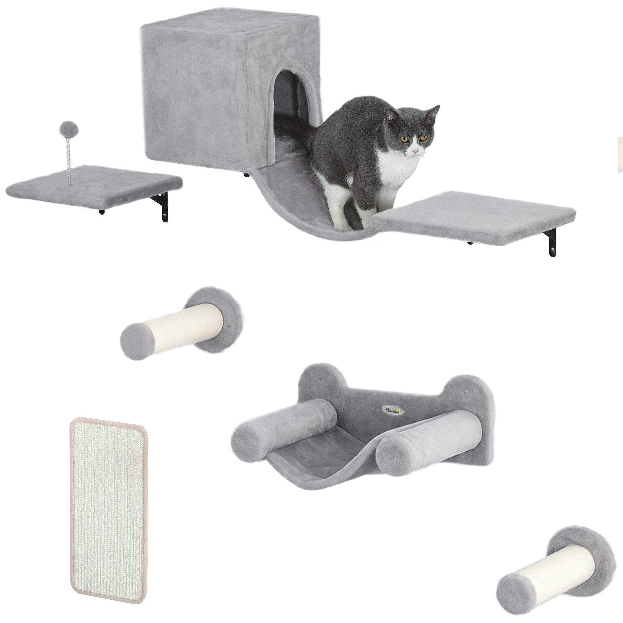 PawHut Katzen-Kletterwand 6-teilig, mit Katzenhaus, Hängematte, Plattform, günstig online kaufen