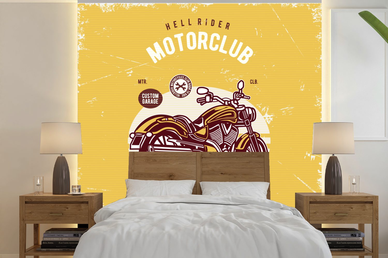 MuchoWow Fototapete Motorrad - Gelb - Retro, Matt, bedruckt, (5 St), Vinyl Tapete für Wohnzimmer oder Schlafzimmer, Wandtapete