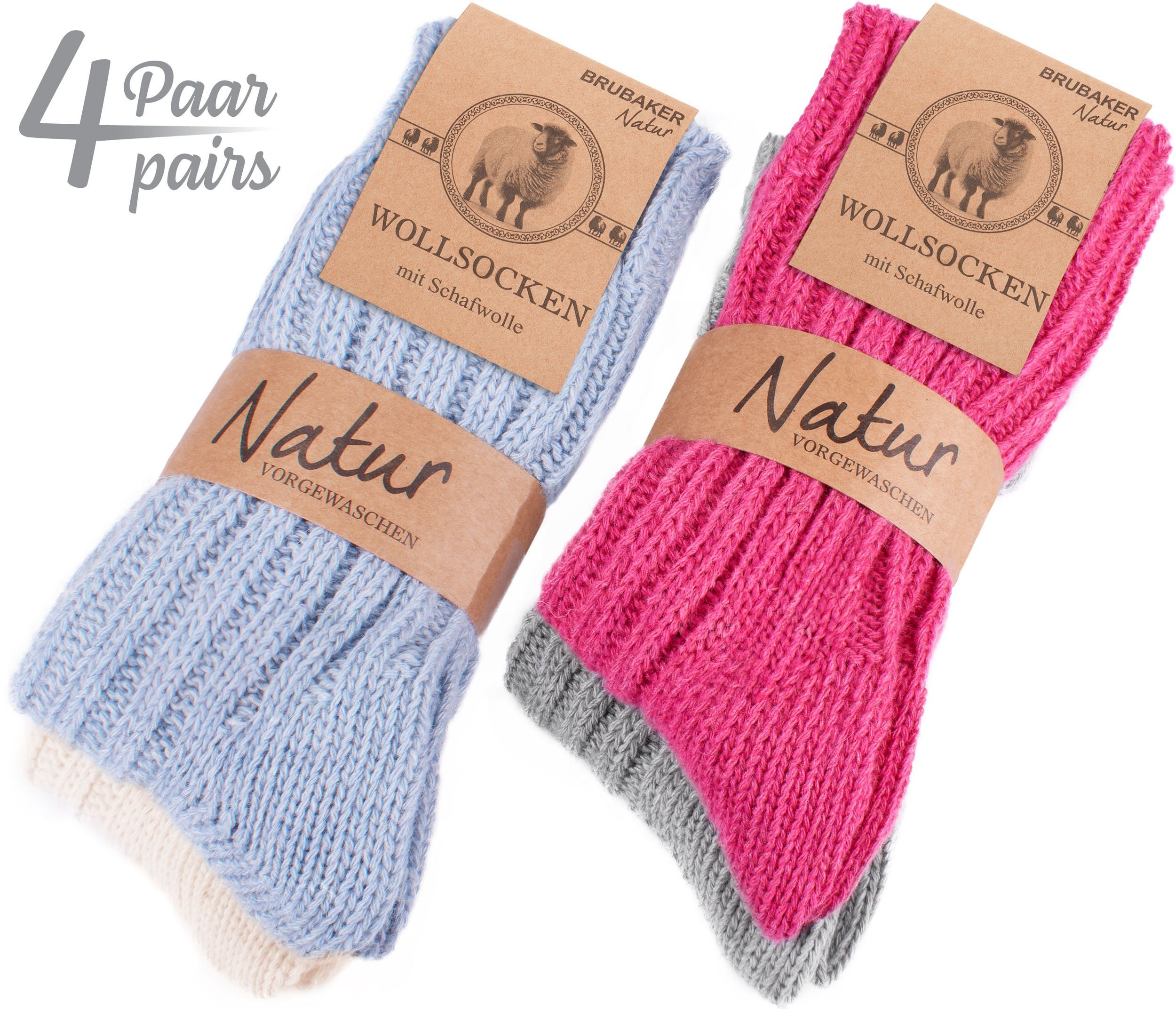 BRUBAKER Socken Wollsocken Set - Warme Wintersocken für Damen und Herren (4-Paar, Winter Stricksocken) Flauschiges Thermosocken Set mit Schafwolle