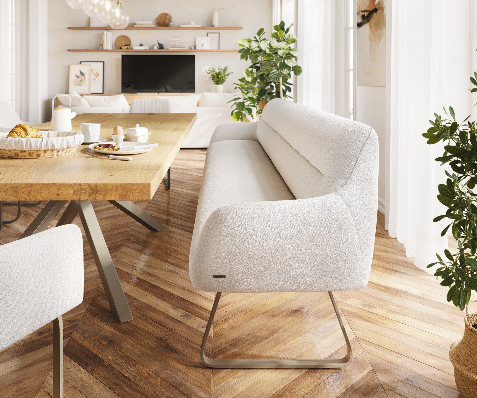 DELIFE Essbank Taya-Flex, 300 cm Kufengestell flach Effektfinish Titan Bouclé Creme-Weiß Taschen
