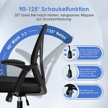 Lexzurn Bürostuhl Schreibtischstuhl Bürostuhl ergonomisch mit klappbaren Armlehnen (Wippfunktion bis 125), Höhenverstellbarer Chefsessel Drehstuhl, Netzstuhl