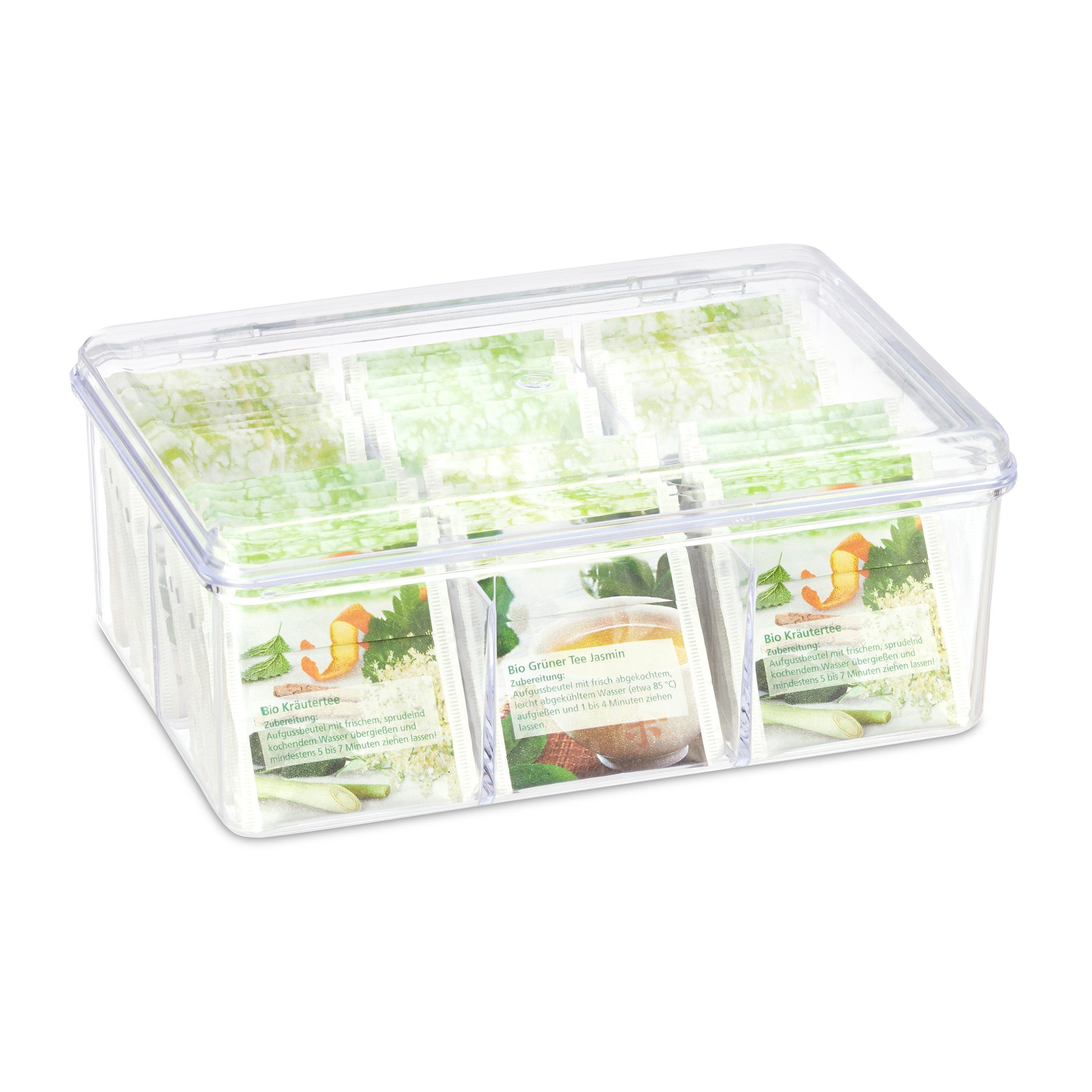 6 mit relaxdays Teebox Teebox Kunststoff Fächern, transparent