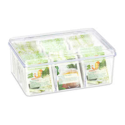 relaxdays Teebox Teebox transparent mit 6 Fächern, Kunststoff