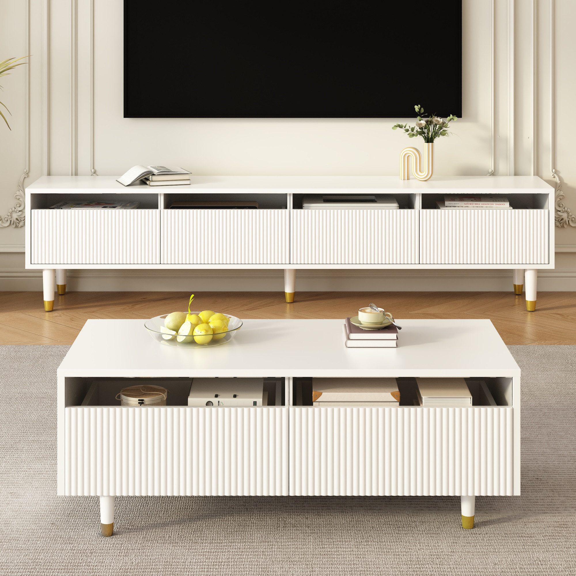 REDOM Wohnzimmer-Set mit LED-beleuchteter, (TV-Schrank+Wohnzimmertisch, 2-St., 3D-Wellen-Design,Acrylplatten), mit vier Türen,zwei Schubladen