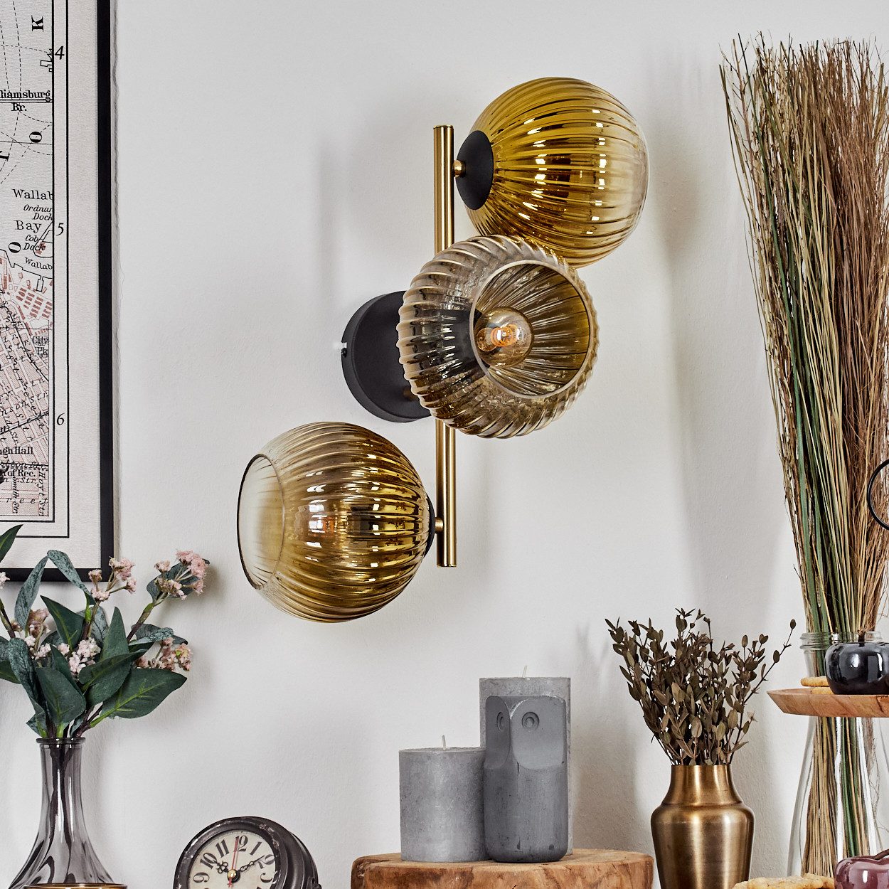 hofstein Wandleuchte Wandlampe aus Metall/Riffelglas in Schwarz/Goldfarben/Klar, moderne Wandleuchte im Retro/Vintage-Design (Schirme 15 cm), E14