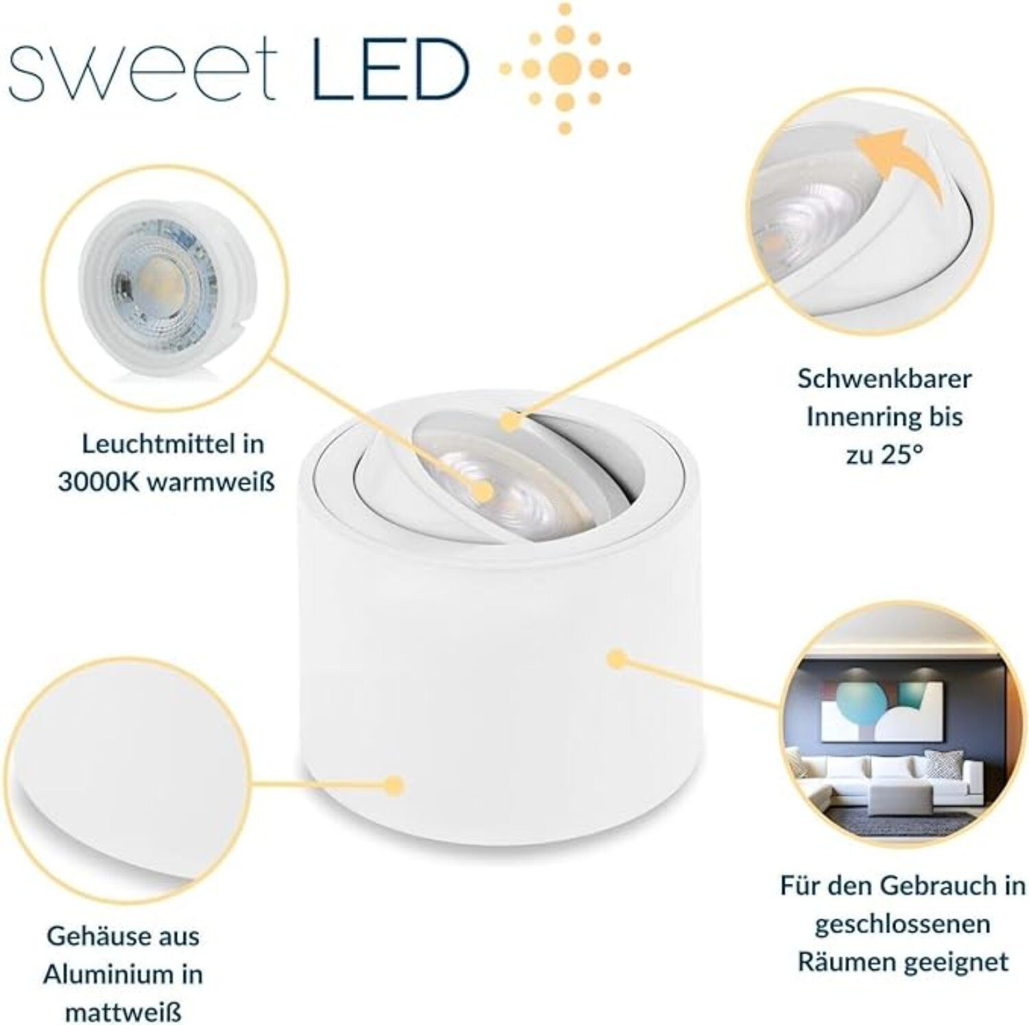 Sweet LED LED Aufbaustrahler flach 4er Set 5 W 230 V Aufbauspots rund weiß matt Aluminium, LED wechselbar, Warmweiß, LED Deckenlampe, Deckenspot, Deckenstrahler, schwenkbar