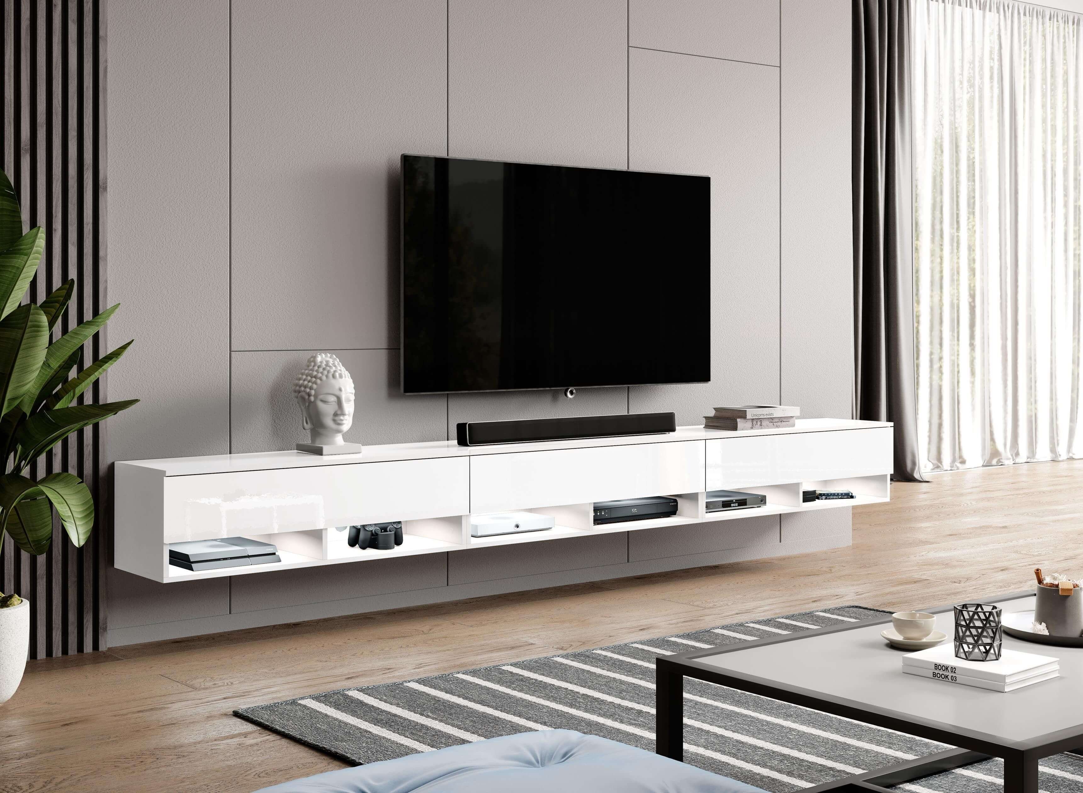 Furnix TV-Schrank ALYX 300 cm Lowboard TV-Kommode mit 3 Türen ohne LED B300 x H34 x T32 cm Weiß/Weiß Glanz