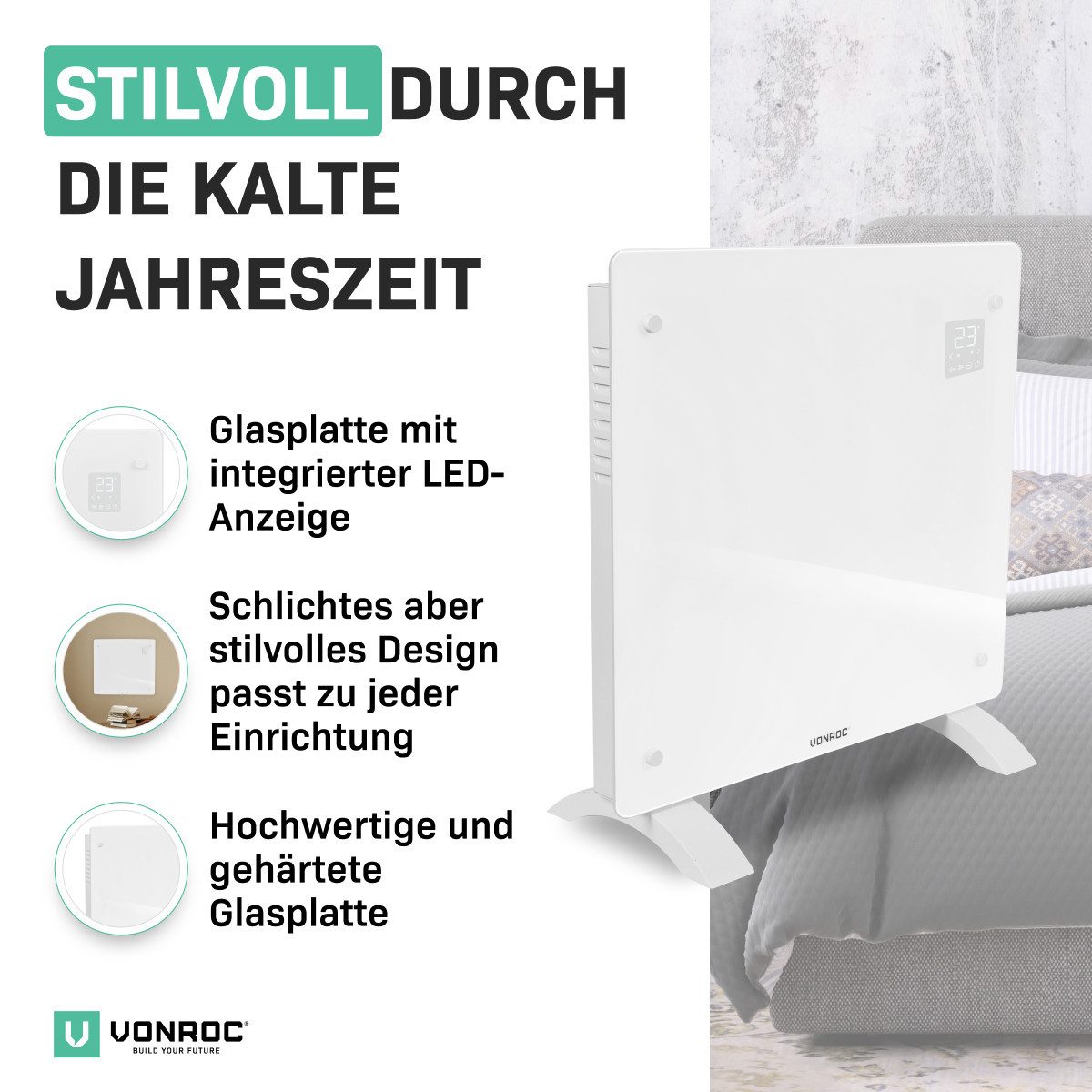 VONROC Heizkörper Elektroheizung in Varianten für 12 bis 30qm Räume, Elegante Konvektorheizung 2 stufig - Manuelle/App Steuerung