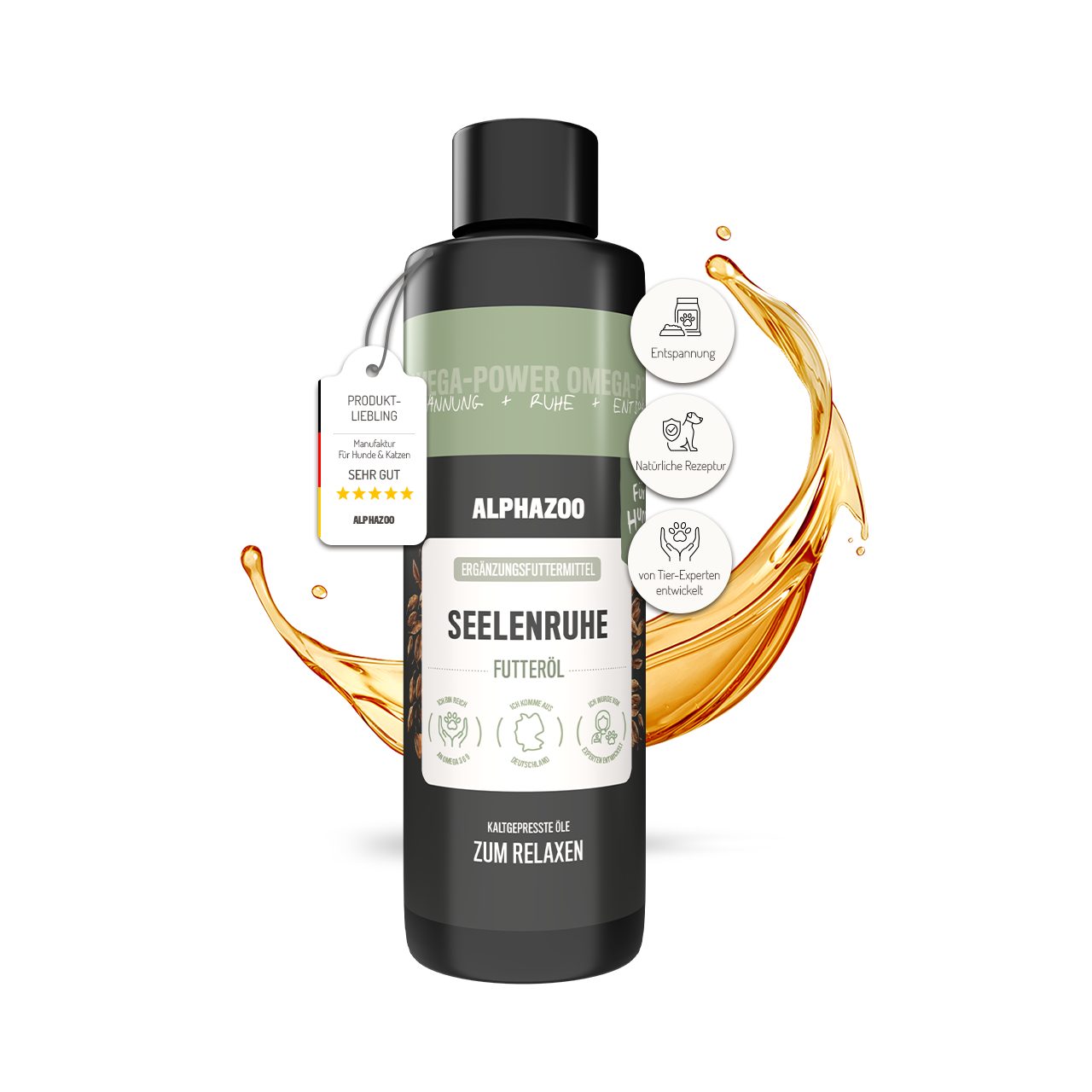 ALPHAZOO Fellpflege Seelenruhe Futteröl I Beruhigungsmittel Hunde, 250 ml, Natürliche Beruhigung, Anti Stress Öl I Entspannung Silvester