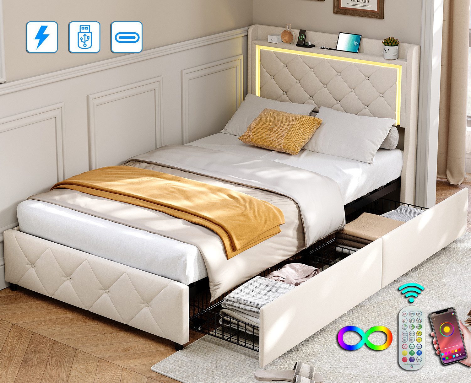 ADWOLT Polsterbett Doppelbett Stauraumbett mit Kopfteil und Lattenrost (1-tlg., Jugendbett), 90x200 cm,Mit LED-Licht und USB+Typ C,2 Schubladen,Samtstoff,Beige