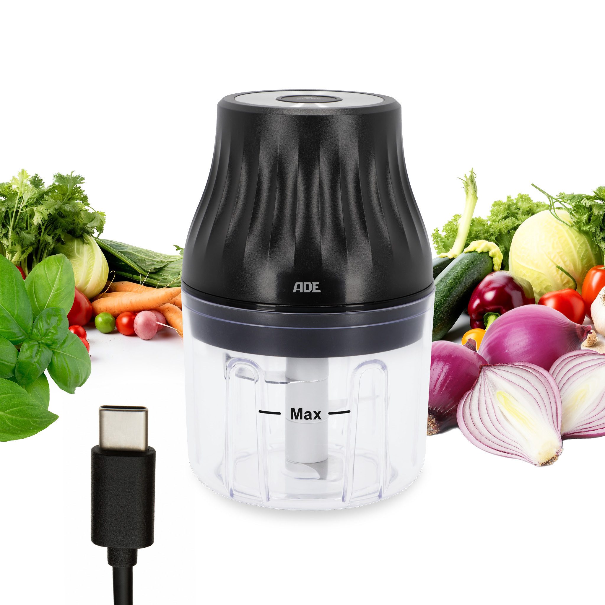 ADE Akku-Zerkleinerer elektrisch, Zwiebelschneider inkl. USB-C-Kabel, 45 W, Einhandbedienung, 150 ml Kapazität, perfekt für Pestos, Dips, Saucen