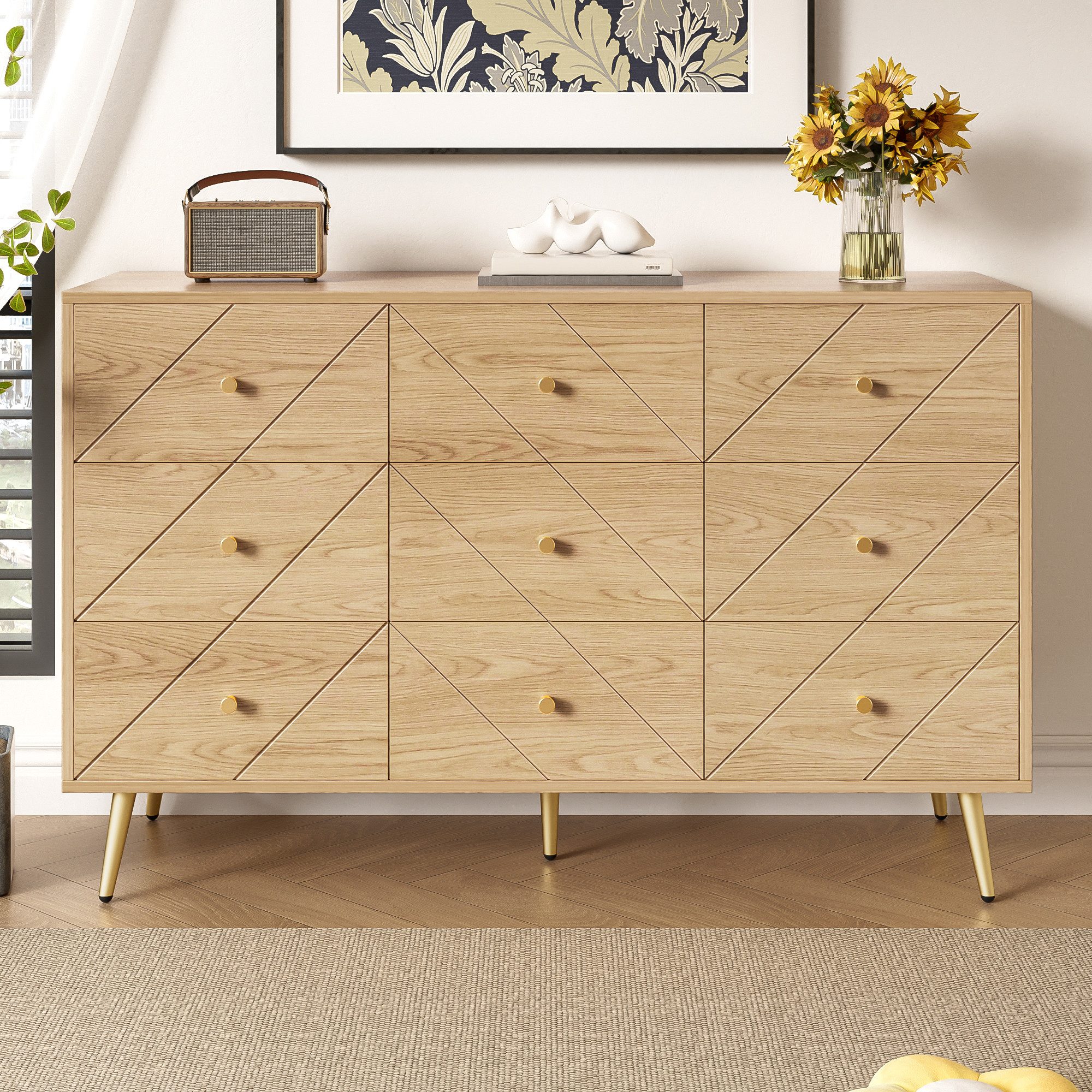 Merax Kommode mit 9 Schubladen und Eisenbeinen (für Schlafzimmer, Wohnzimmer & Flur, 1 St., Buffetschrank Anrichte), Sideboard mit geometrischen Mustern & praktischen Knöpfen, 120x39x80cm