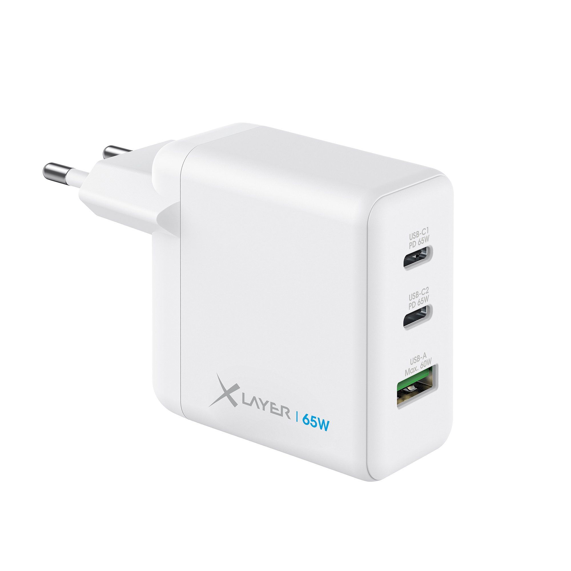XLAYER Powercharger 65W USB-C Schnellladegerät GaN Technologie 3-Port Smartphone-Ladegerät Weiß