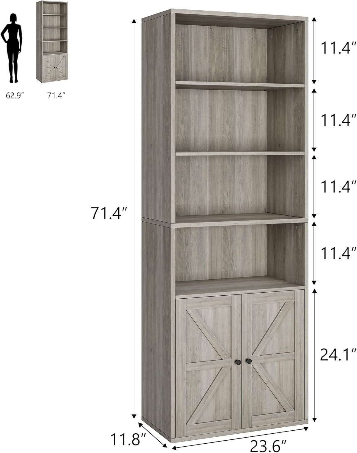 GarveeMore Bücherregal mit Türen,6 Regal Display Storage,60x30x180cm, hölze günstig online kaufen