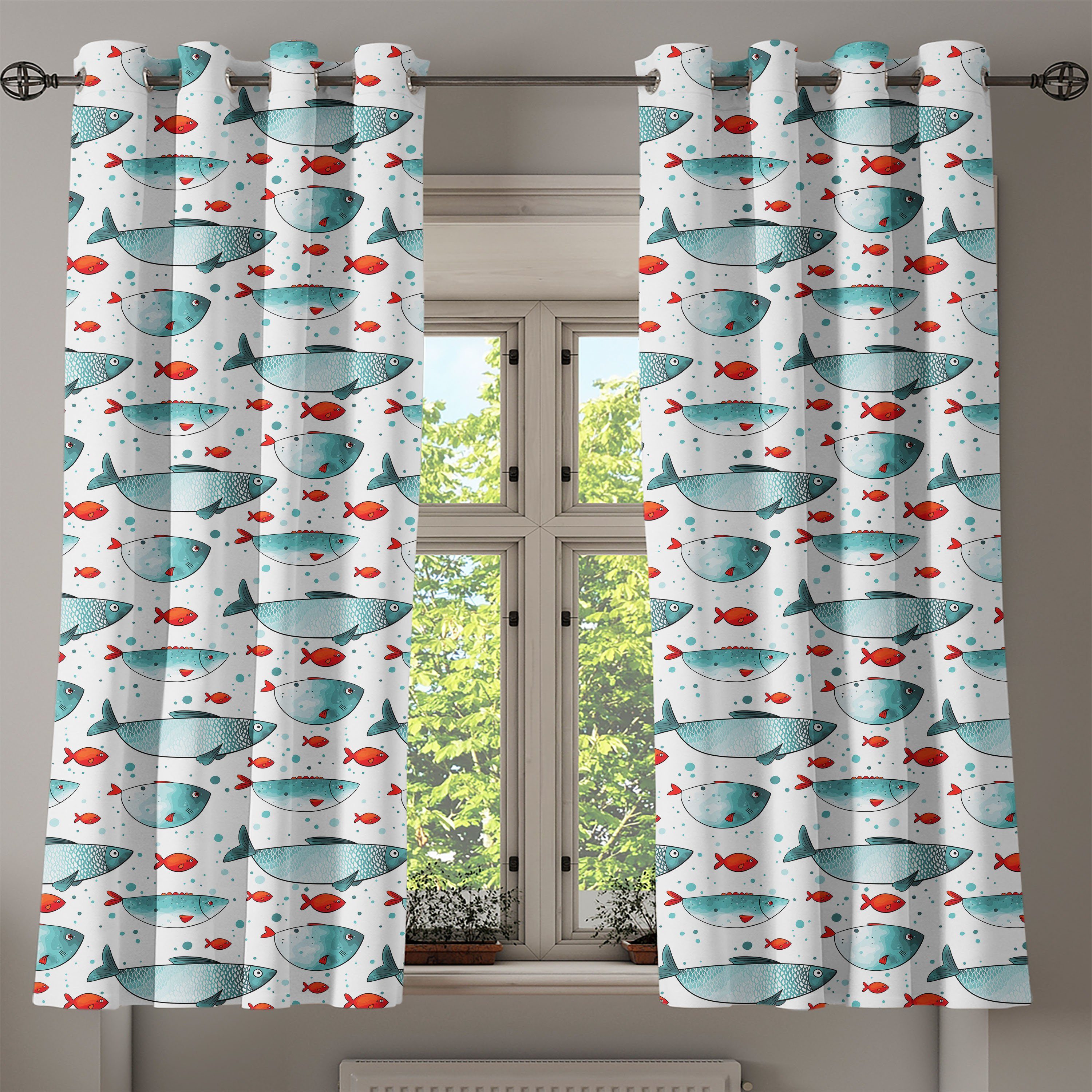 für 2-Panel-Fenstervorhänge Abakuhaus, Subaquatic Tiermuster Schlafzimmer Fisch Dekorative Wohnzimmer, Gardine