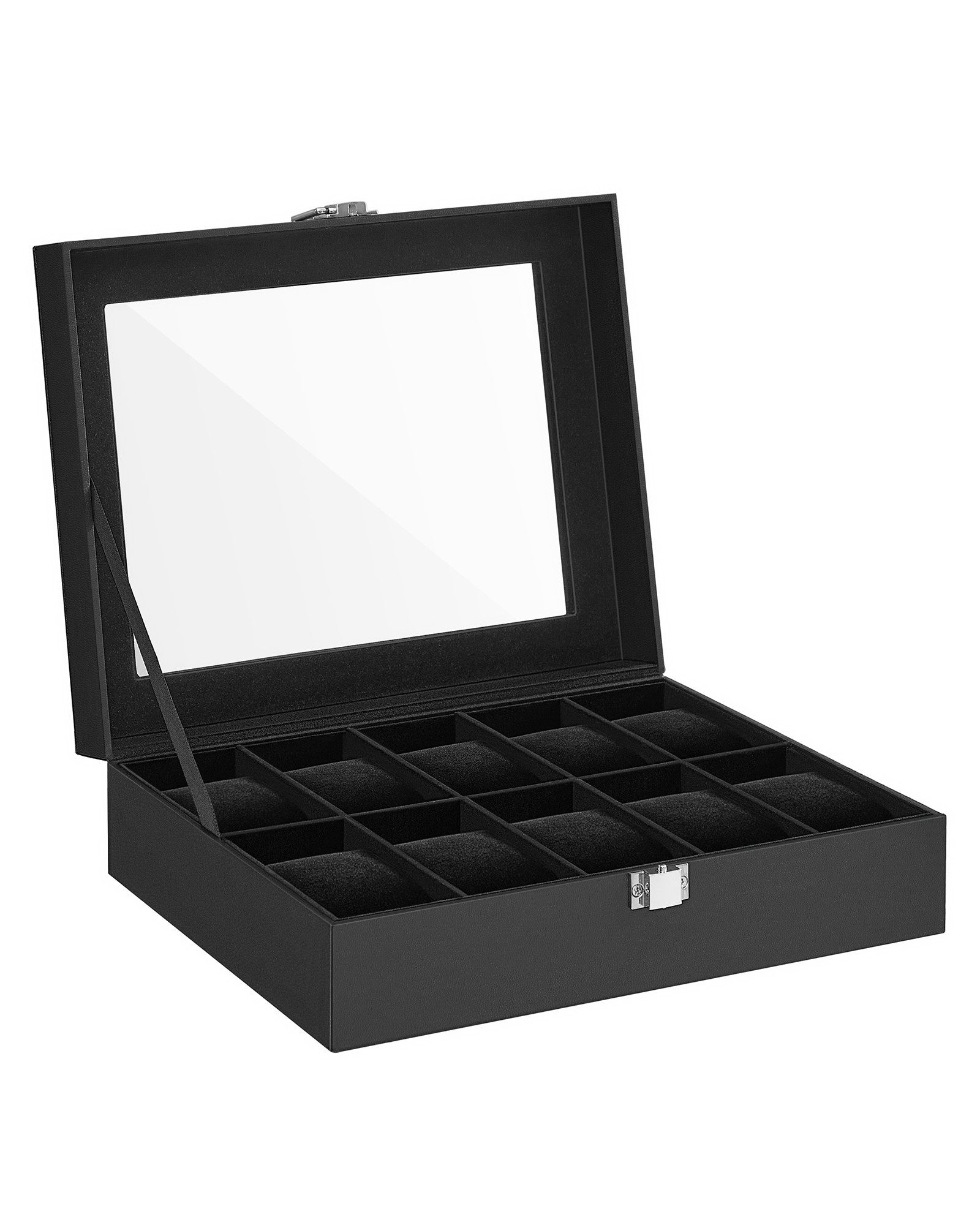 SONGMICS Uhrenbox Uhrenkasten, herausnehmbare Uhrenkissen, Geschenkidee,25,5x20,2x7,8 cm, mit 10 Fächern, Glasdeckel, Uhrenkoffer, Innenfutter in Schwarz