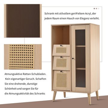 Merax Highboard mit Rattan-Schubladen und Tür, Sideboard, Kommode mit offenem Fach, Bücherschrank, H:110cm