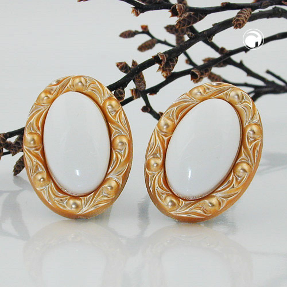 unbespielt Paar Ohrclips Modeschmuck Ohrringe weiss mit Rahmen goldfarbig 30 x 21 mm Kunststoff, Modeschmuck für Damen