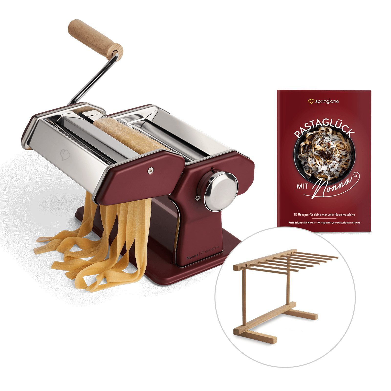 Springlane Nudelmaschine - Manuelle Nudelmaschine aus Edelstahl - Pastamaker inkl. Rezeptbuch, Nudeltrockner & 3 Schneideaufsätze, 9 Teigdicke-Stufen