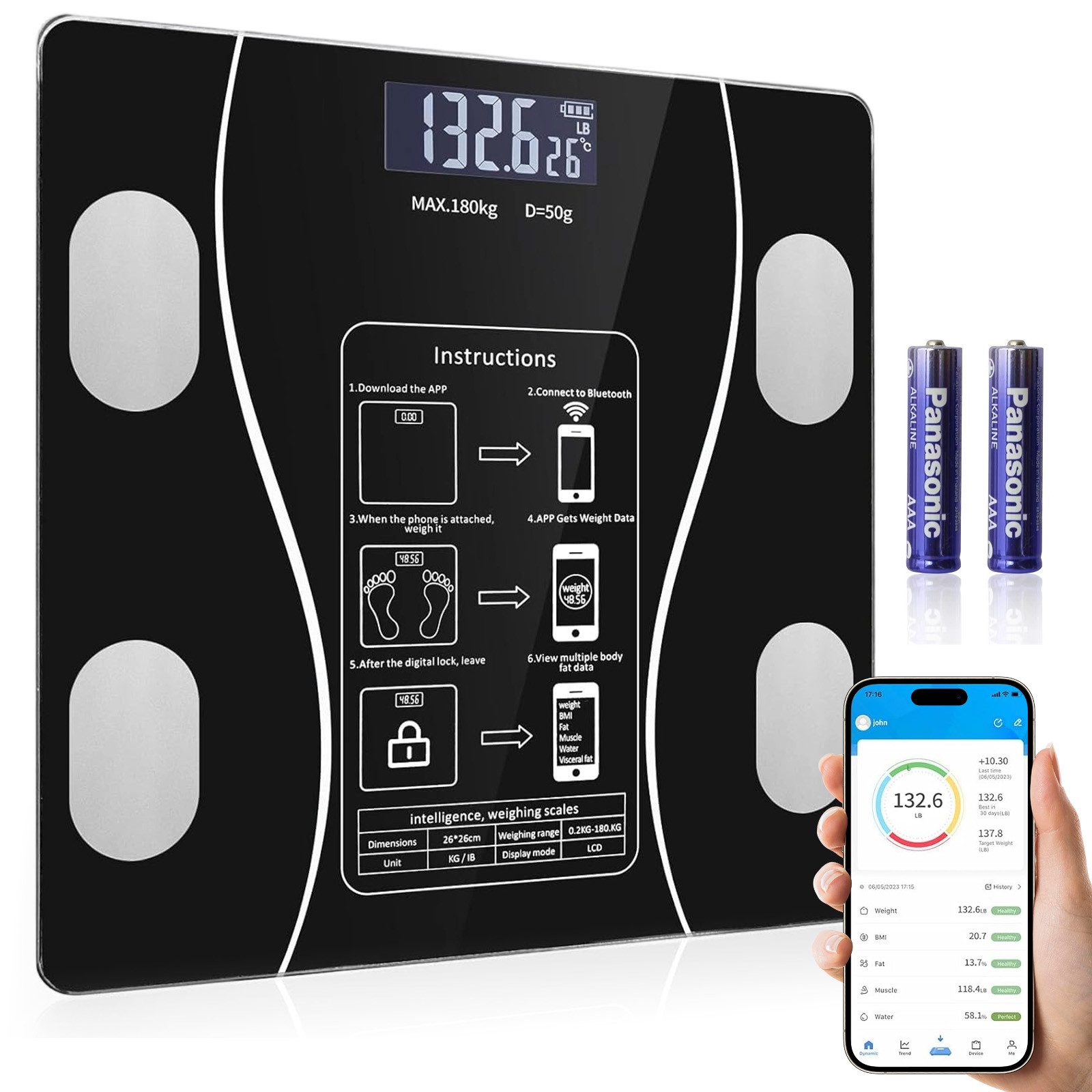 AKKEE Körper-Analyse-Waage Körperfettwaage Digital mit App 180 kg/400 lbs, Multifunktionswaage, BMI, Körperfett, Wasser & Muskelanteil