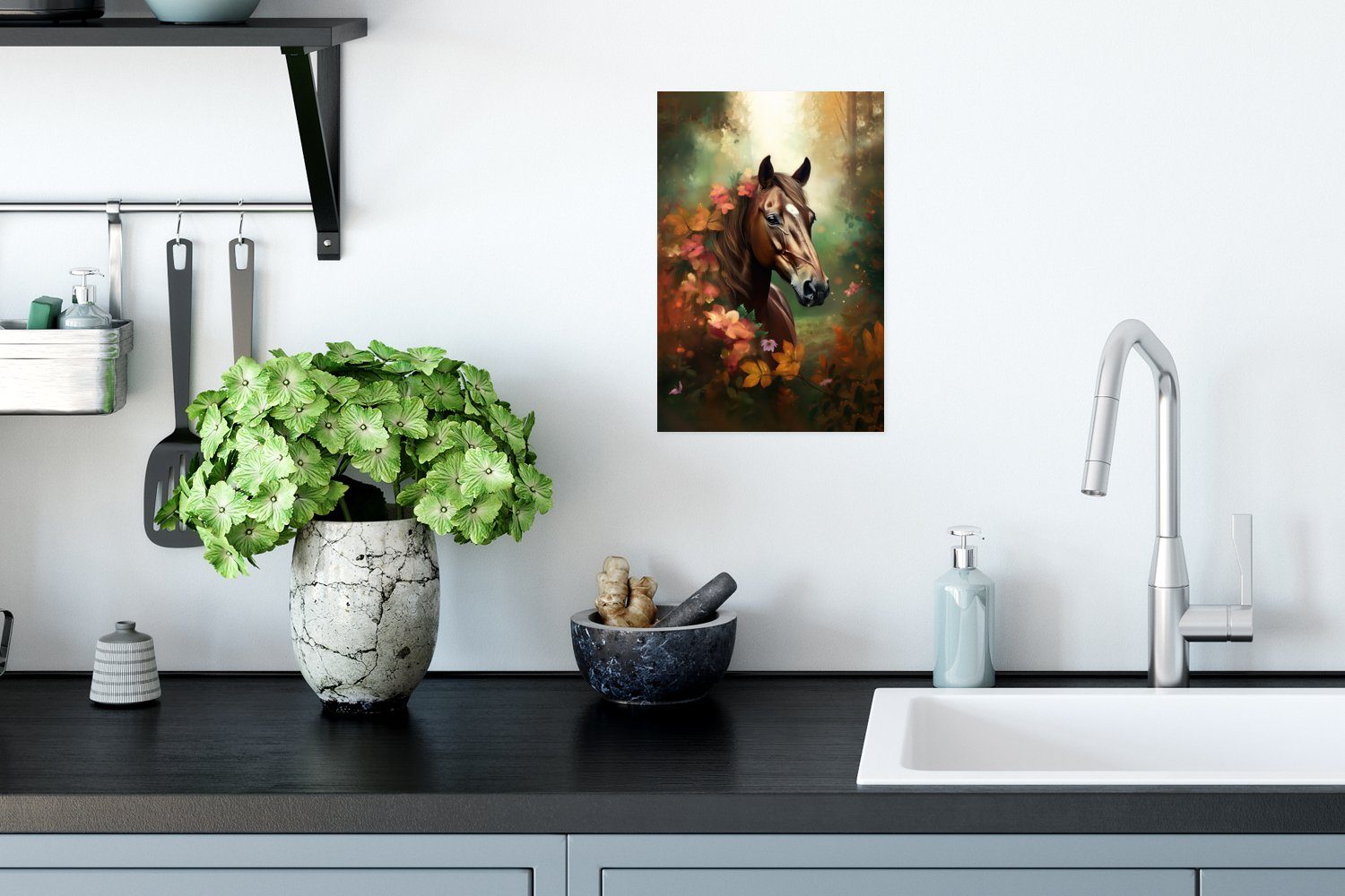 MuchoWow Poster Pferd - Blumen Wohnzimmer, Wandbild, Orange, Natur (1 Tiere St), - - - Rahmen Poster, für Wald Ohne - Wandposter
