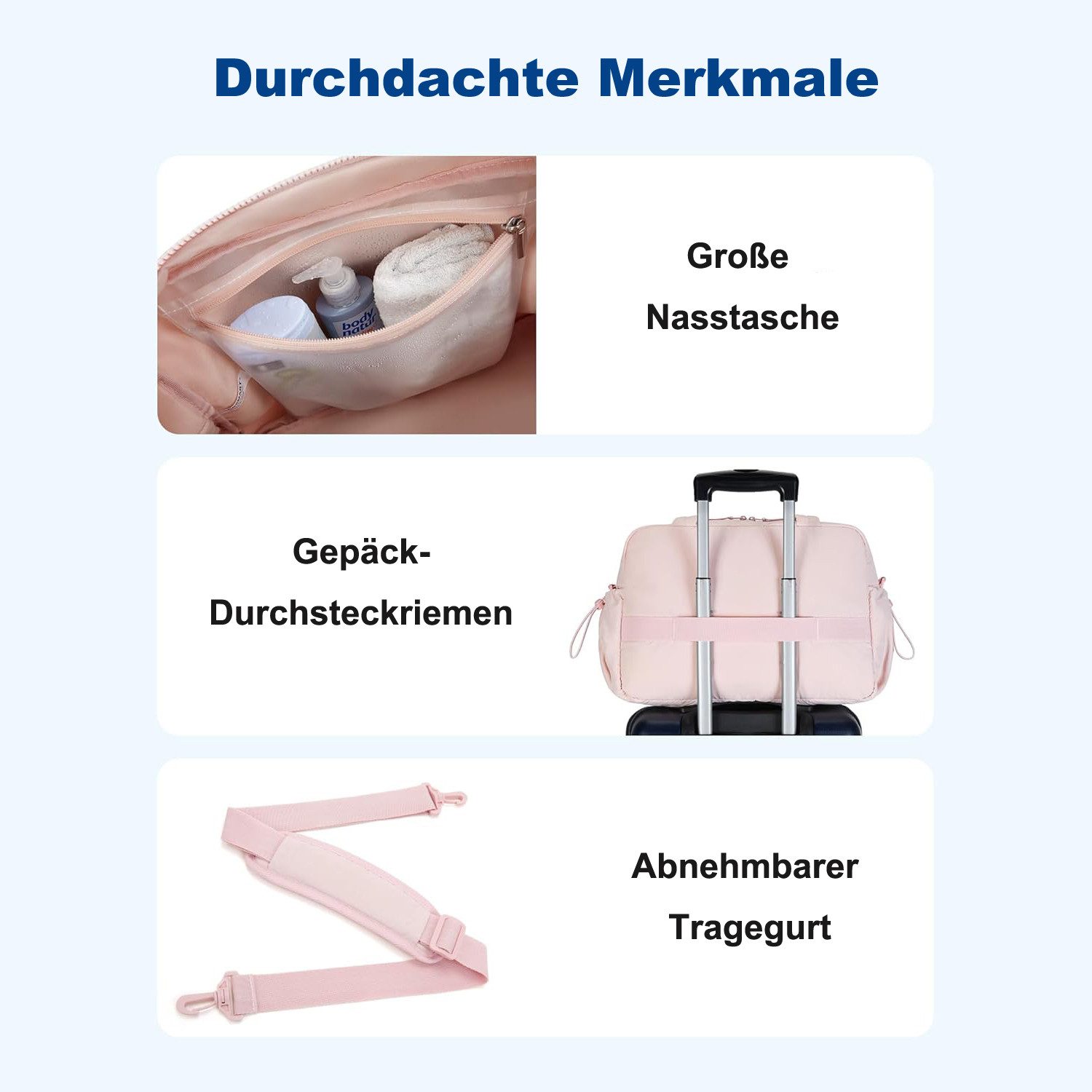 Zaewry Reisetasche Damen Sporttasche, Wasserabweisende Weekender Reisetasche, Handgepäck (1-tlg), Fitness-Tasche mit Nasstasche für Schwimmen und Sauna – Bild 5 von 5