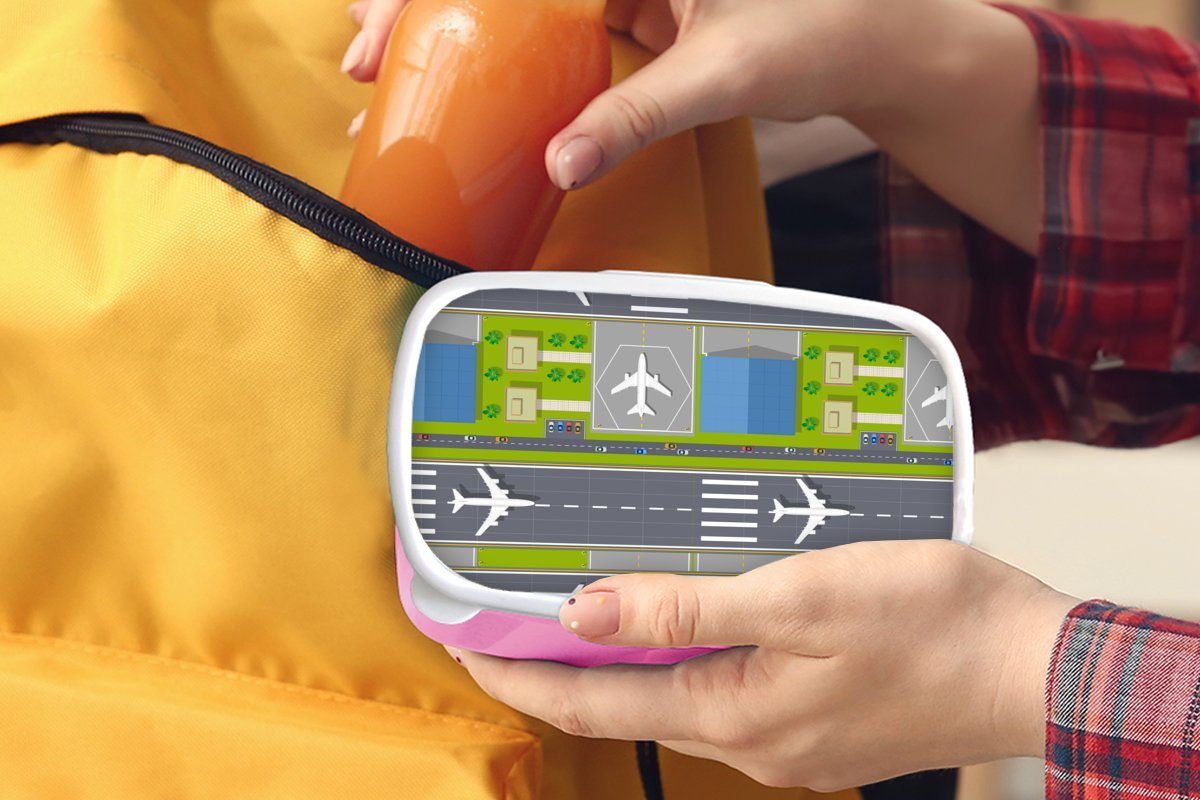 MuchoWow Lunchbox Design - Flughafen Snackbox, Erwachsene, (2-tlg), Kunststoff, Kinder, Mädchen, Flugzeug, rosa Brotbox für - Kunststoff Brotdose