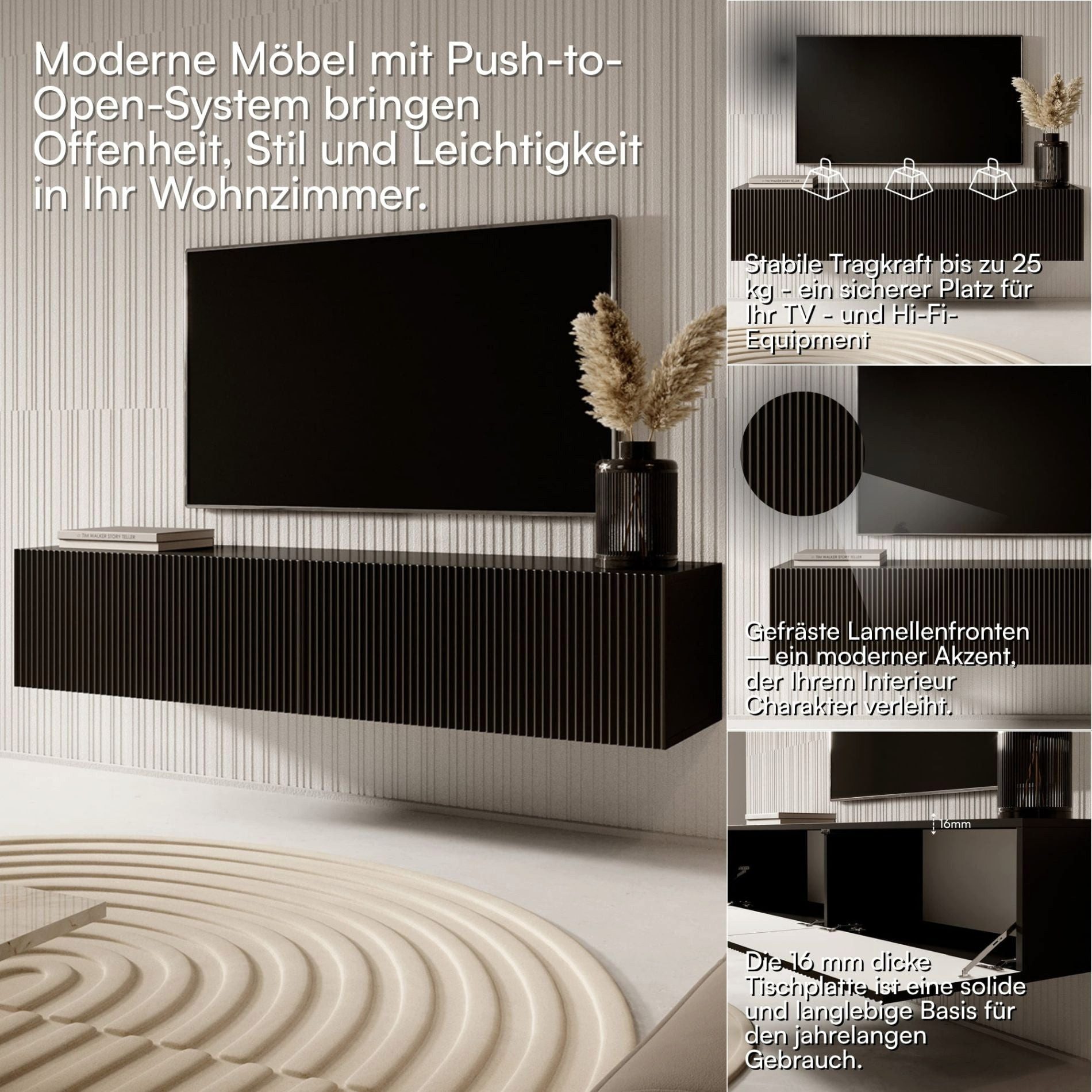 Selsey TV-Schrank VELDIO Kompaktes Hängeboard geriffelt, Push-to-Open, 140x30 cm, Matt – Bild 5 von 5