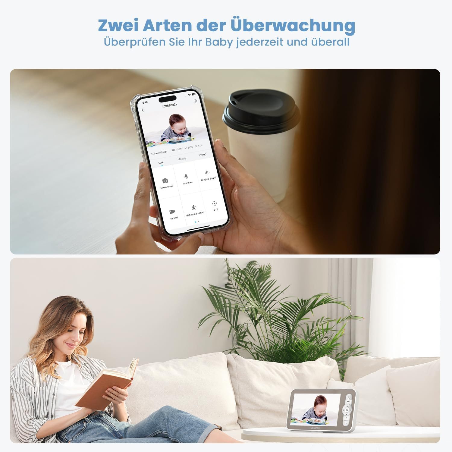 TWUFY Babyphone 5 Zoll WLAN Video babyfone PTZ 355° Babyphone mit Kamera 2K/3MP, IR-Nachtsicht, Automatische Verfolgung,Temperaturanzeige, Weinen/Bewegungs/Geräuscherkennung,unterstützt Mobile App Steuerung, Präzisere Warnungen,Schlafmodus&Schreierkenn,Gefahrenbereichserkennung